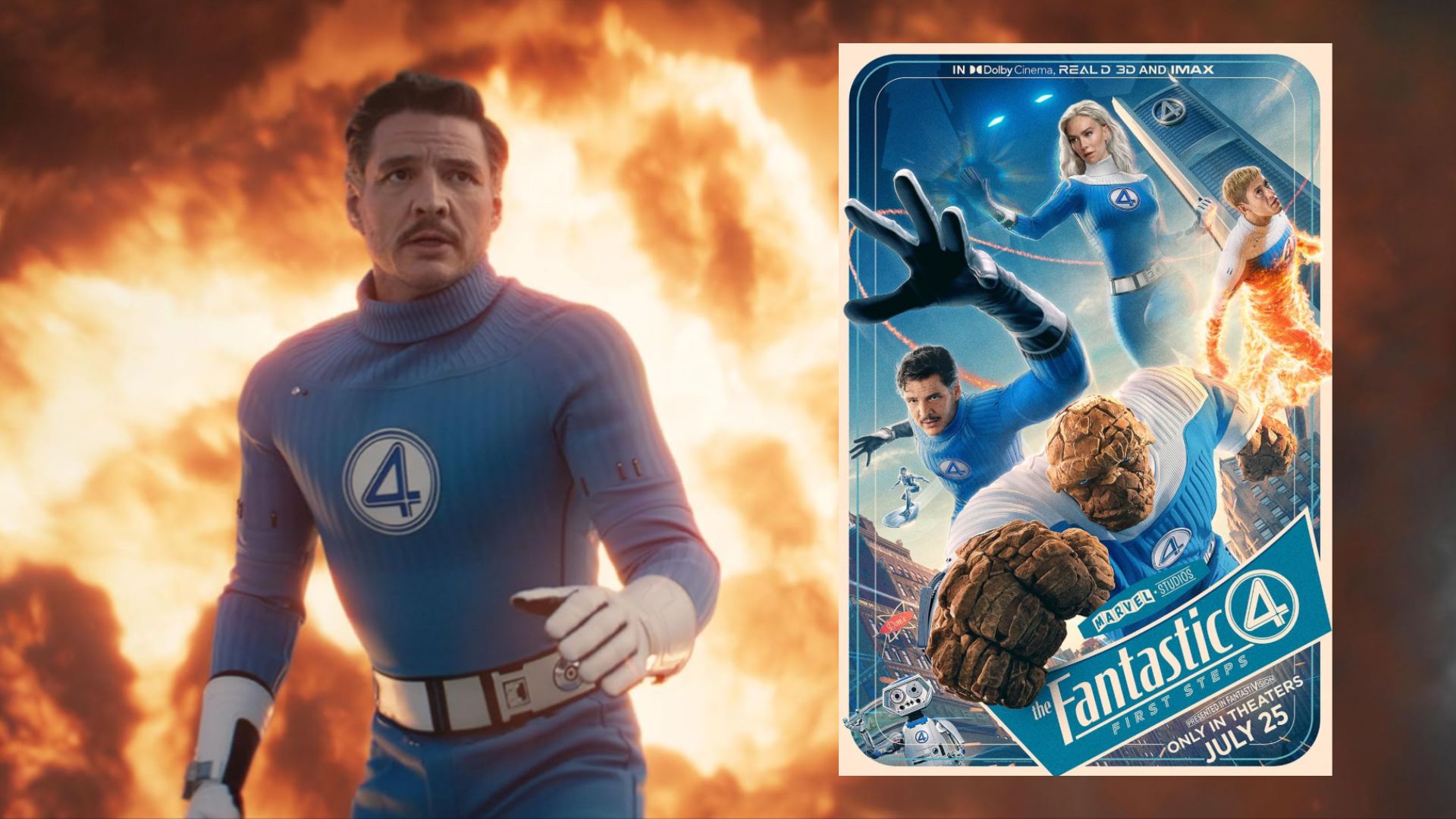 Actor Pedro Pascal in a blue superhero costume, next to a movie poster featuring four people, one of whom is made of stone