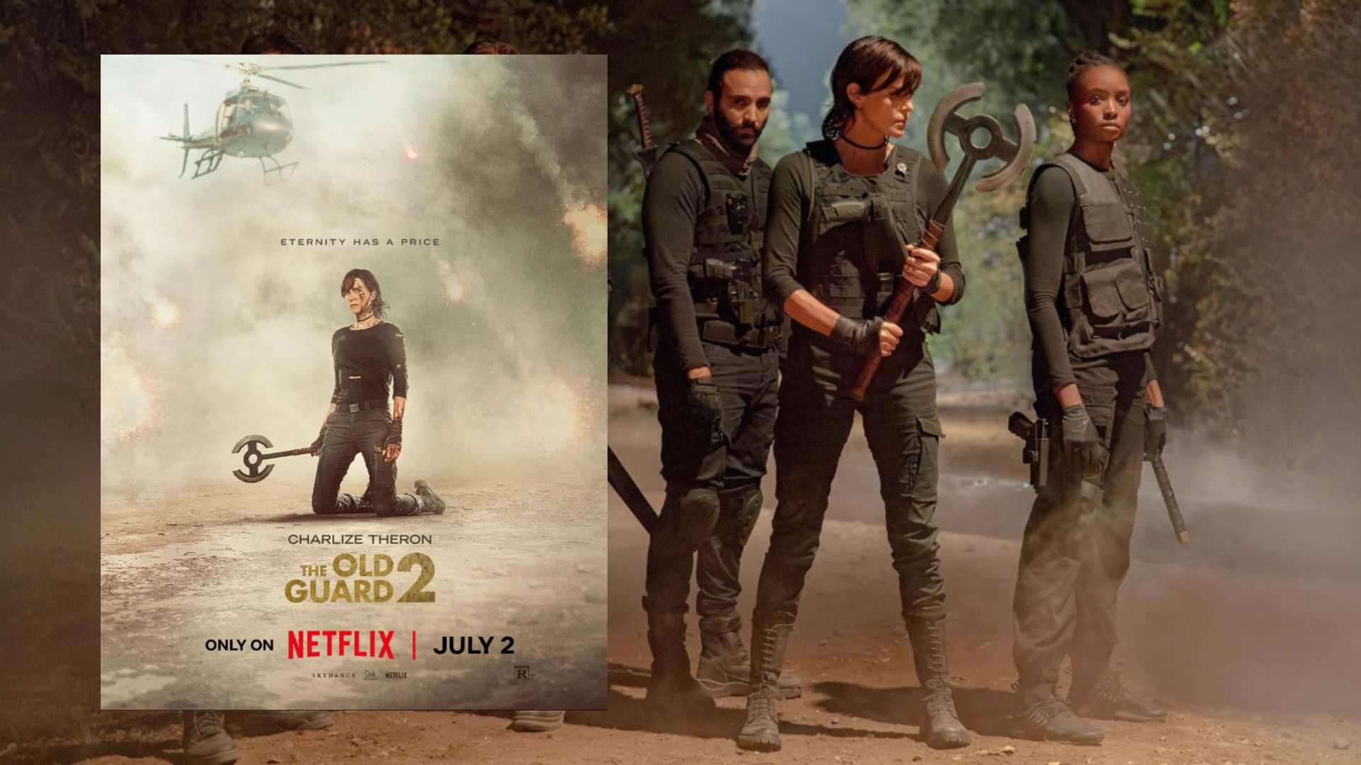 Actress Charlize Theron stands in black clothing with an axe in her hands, next to a movie poster showing the actress sitting on sand with an axe