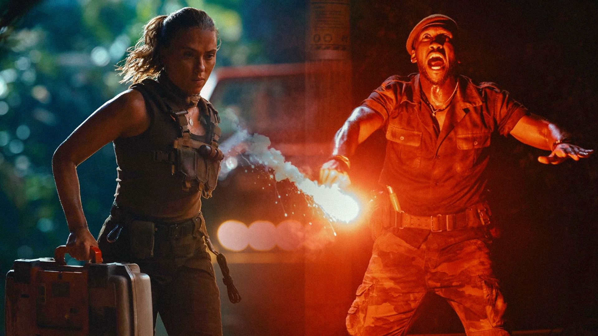 Actress Scarlett Johansson with a suitcase in her hand, actor Mahershala Ali with a flare in his hands in red light