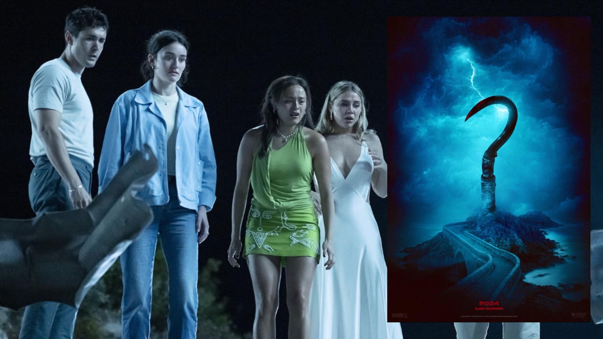Two guys and two girls in regular clothes standing frightened, next to a movie poster with a hook on it