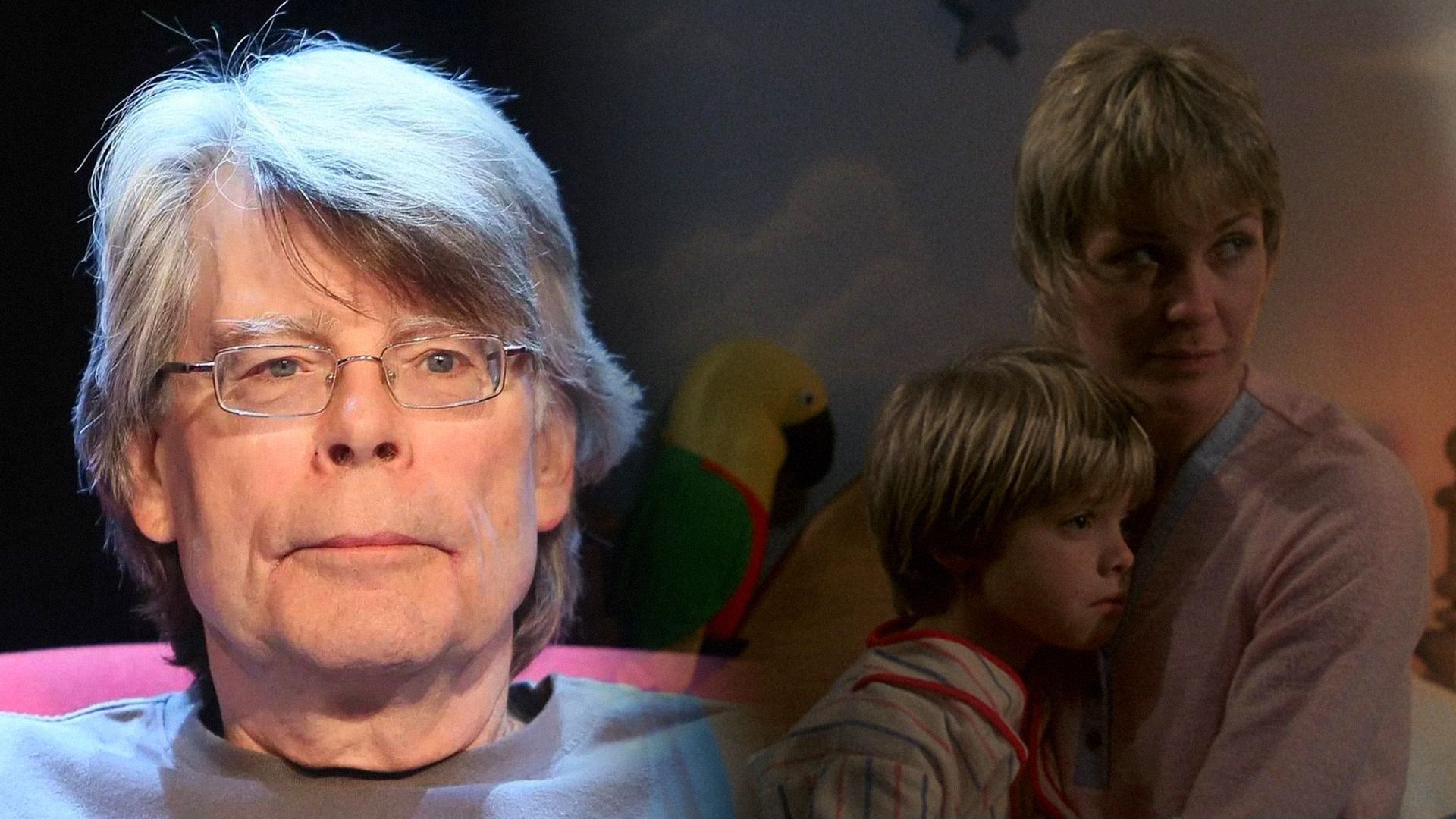 Writer Stephen King wearing glasses next to actress Dee Wallace holding a boy in her arms
