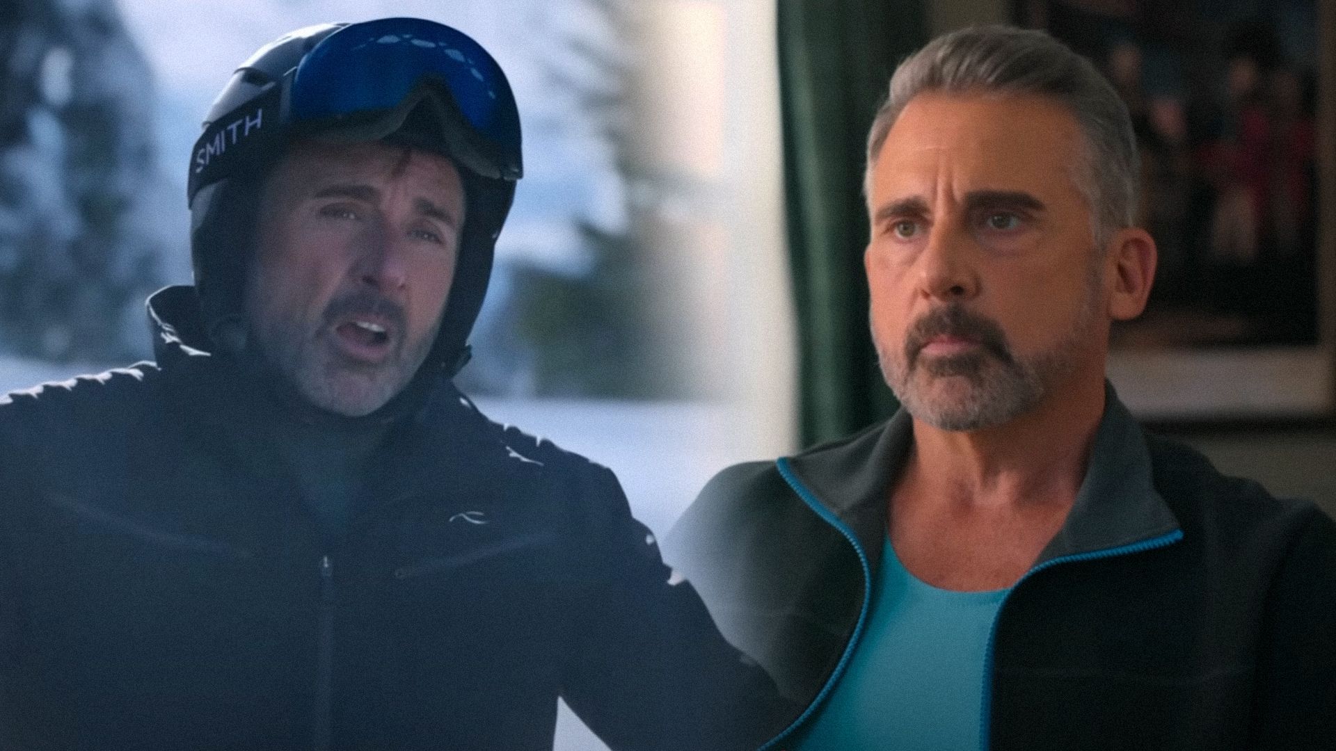 Actor Steve Carell in a ski suit stands surrounded by snow