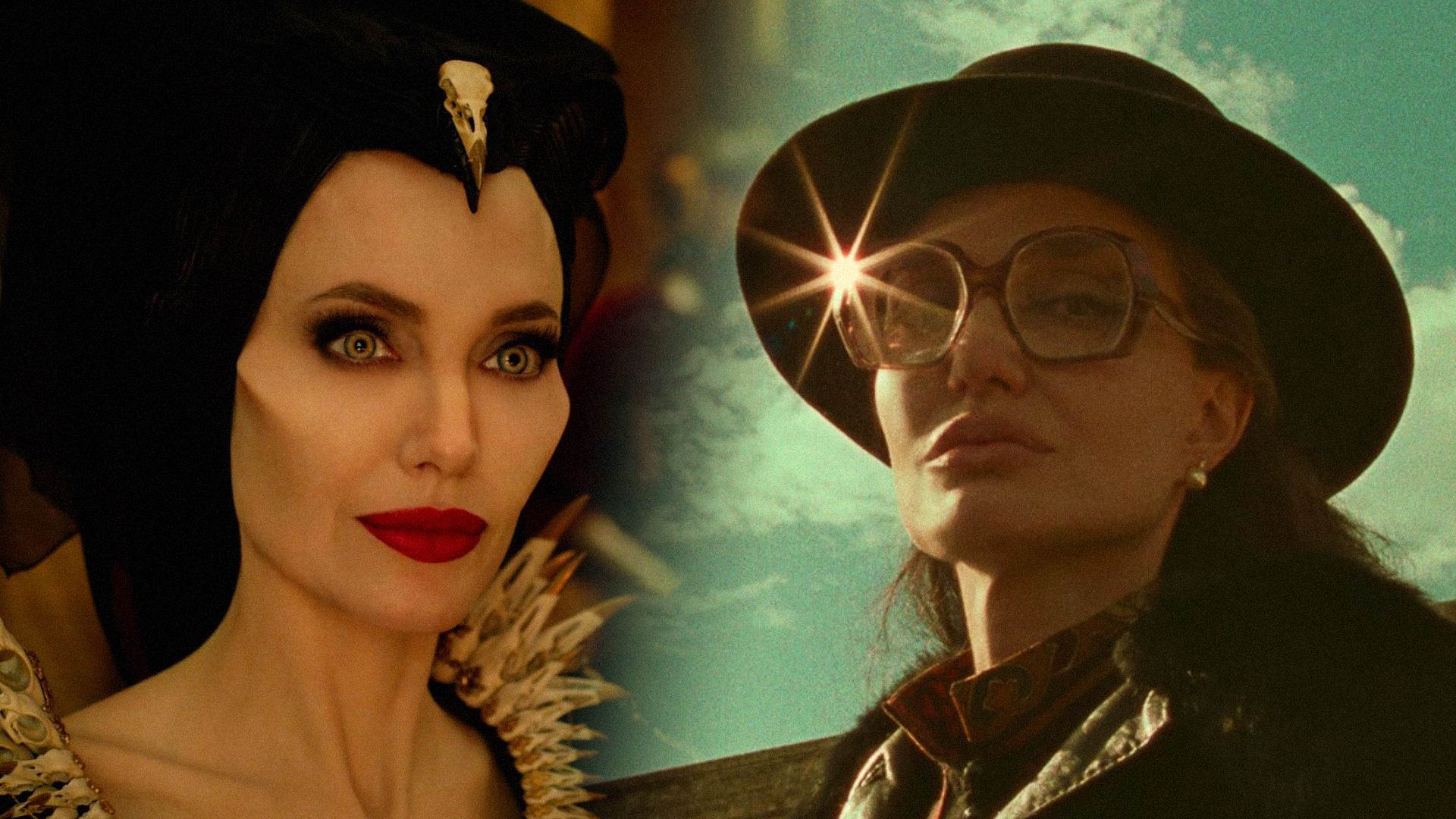 Actress Angelina Jolie with black horns and a wide-brimmed hat in glasses