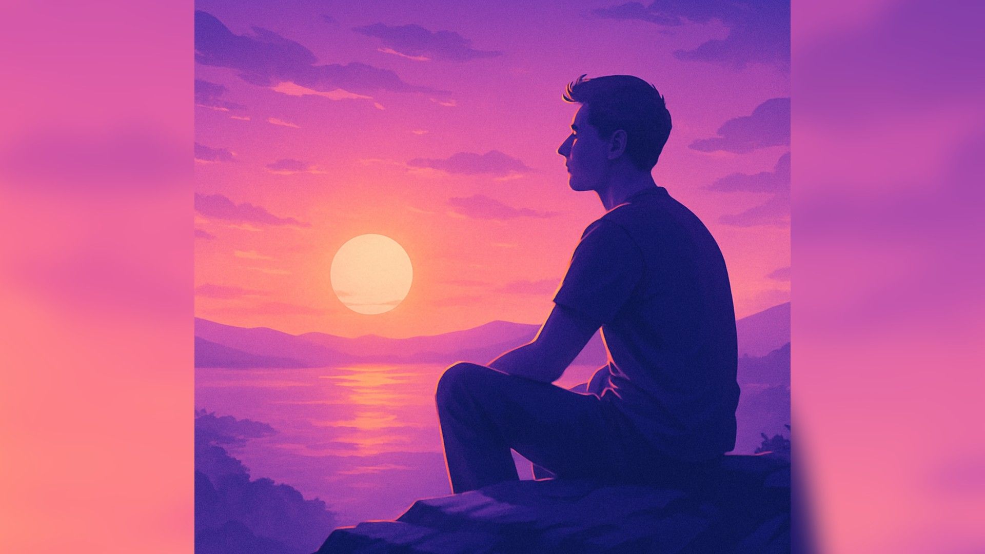 Solitude at Sunset — a person sits on a cliff, watching the sunset, and feels a profound inner peace