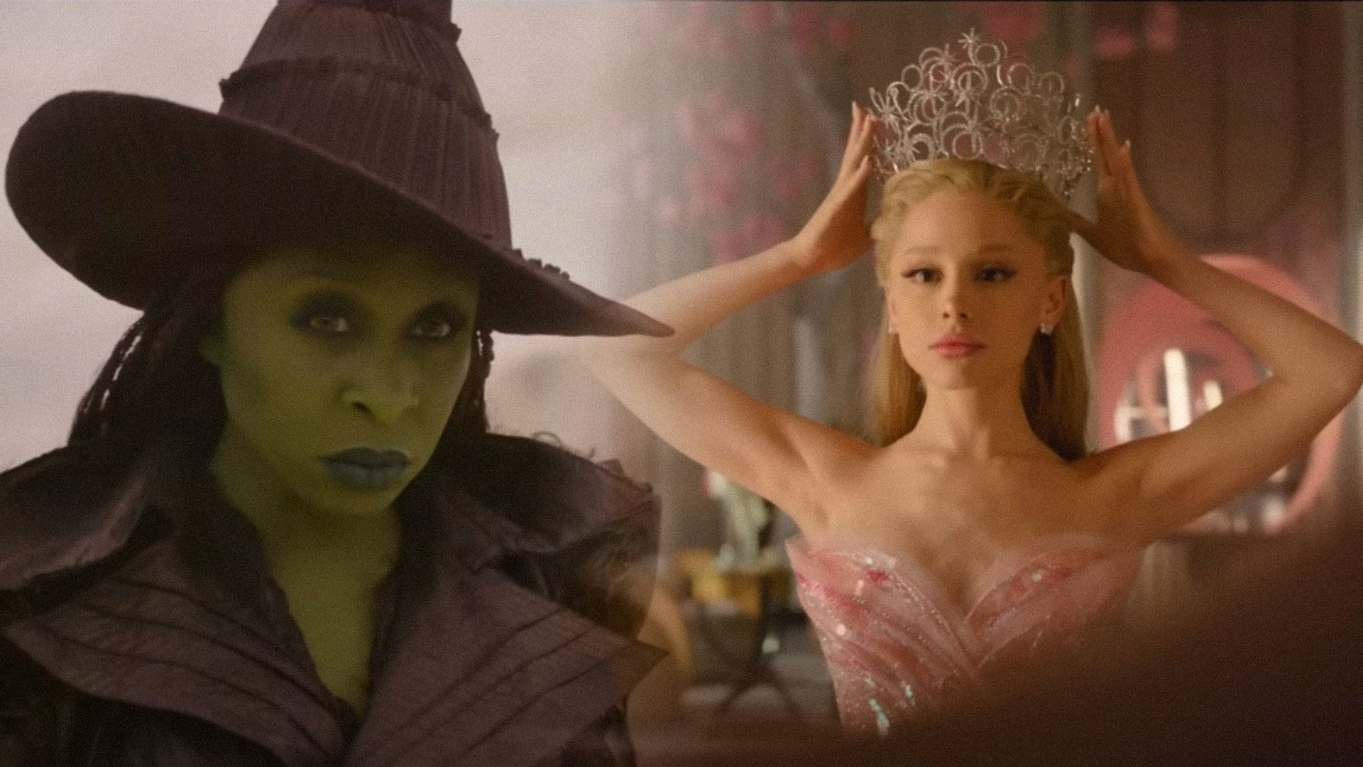 Actress Cynthia Erivo in a hat and black clothes and singer Ariana Grande in a pink dress, putting on a crown