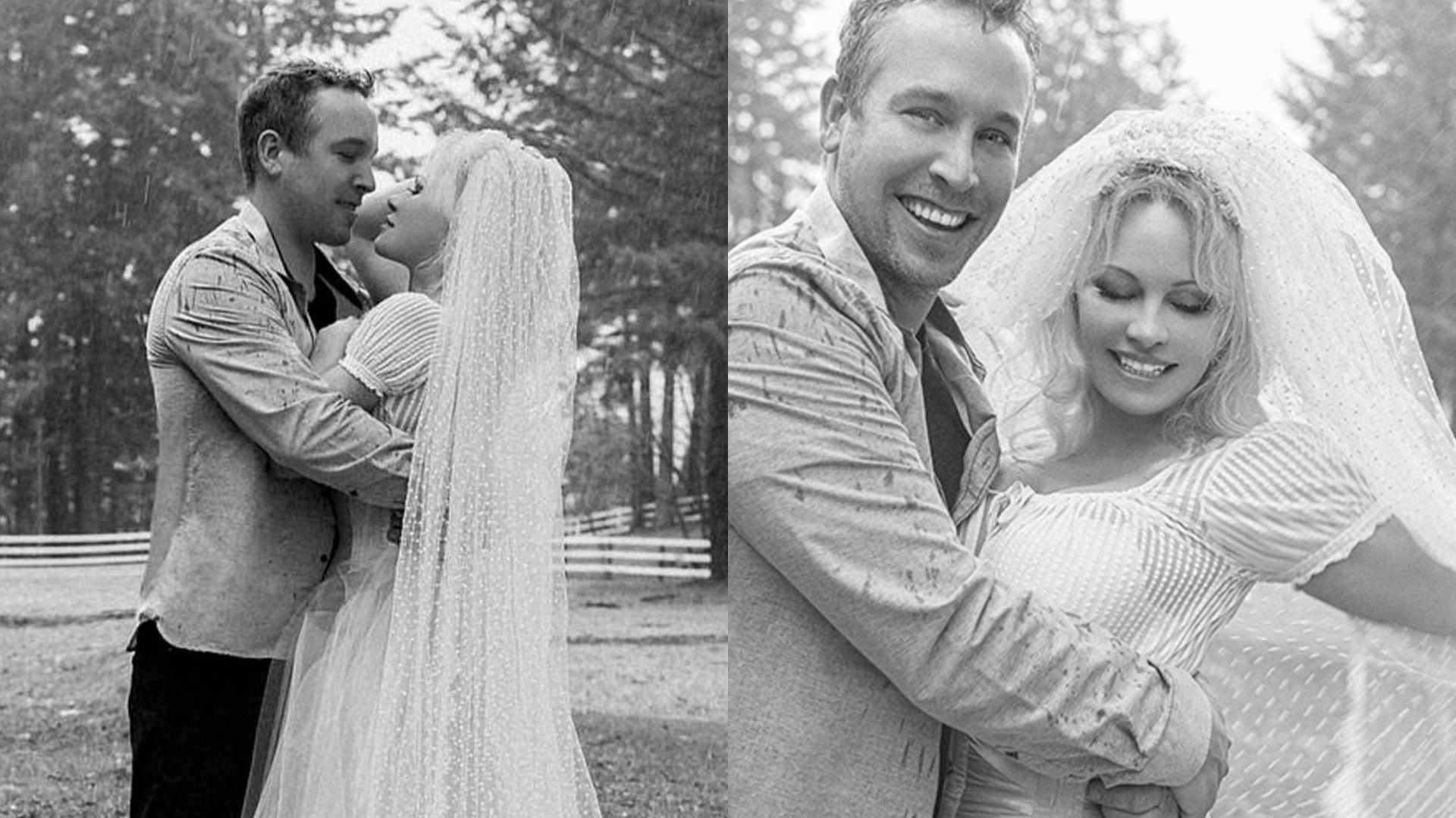 Pamela Anderson and Dan Hayhurst in wedding attire, collage of two black and white photos