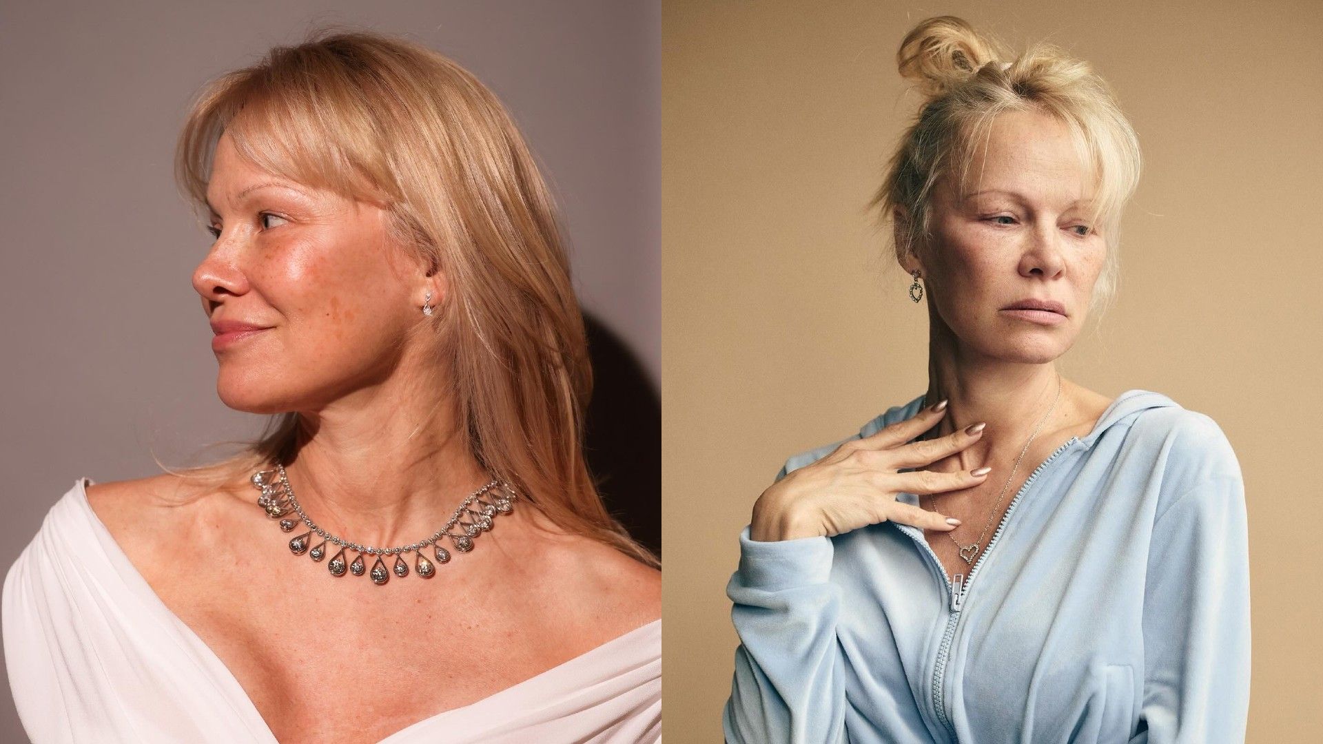Pamela Anderson, collage of two photos, both showing portrait of the actress without makeup