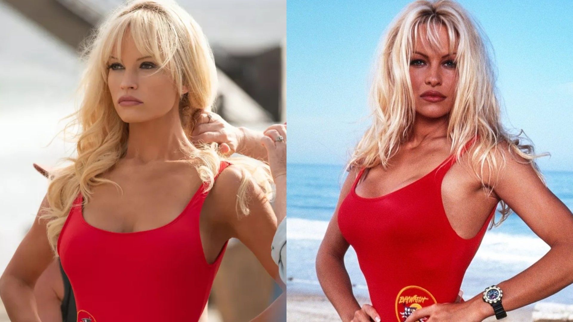 Two women in red swimsuits posing on the beach: on the left—an actress in character, on the right—the original Pamela Anderson from "Baywatch"