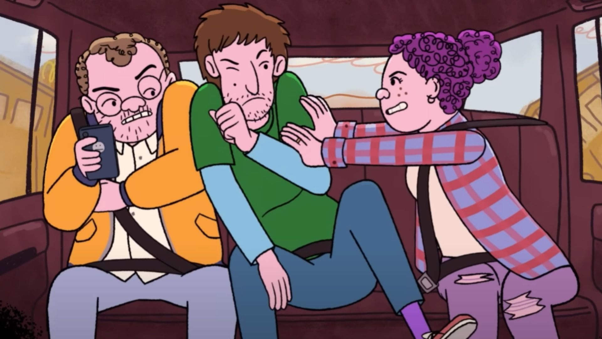 A guy in a green shirt, a guy in an orange jacket, and a girl in a pink shirt sitting in a car