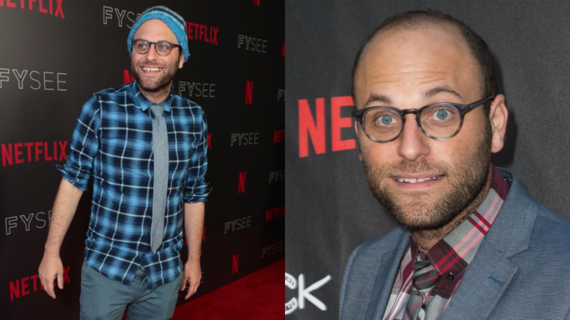 Comedian, screenwriter, and producer Raphael Bob-Waksberg in a gray blazer and glasses standing against a black background