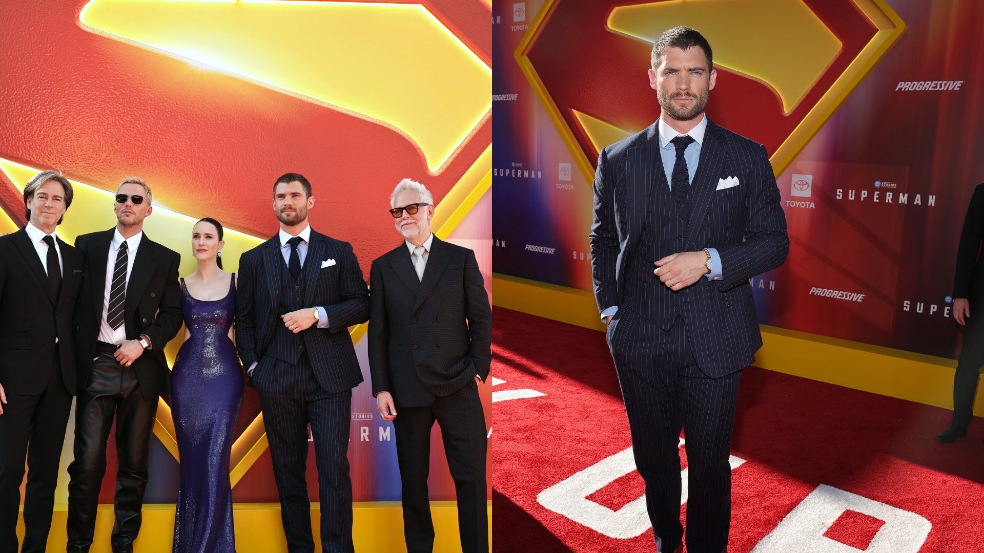 David Corenswet and the cast of Superman pose on the red carpet