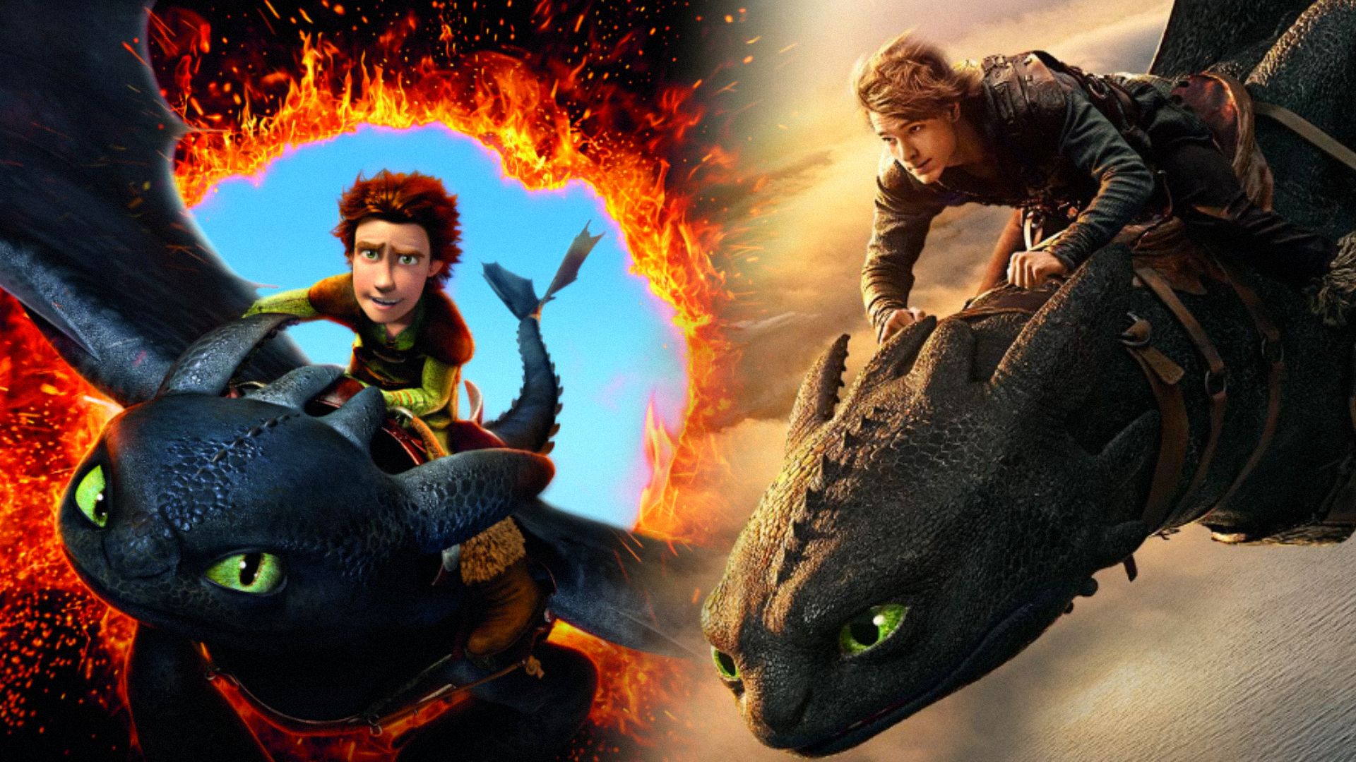 A young man in gray clothing flies on a black dragon through beige clouds