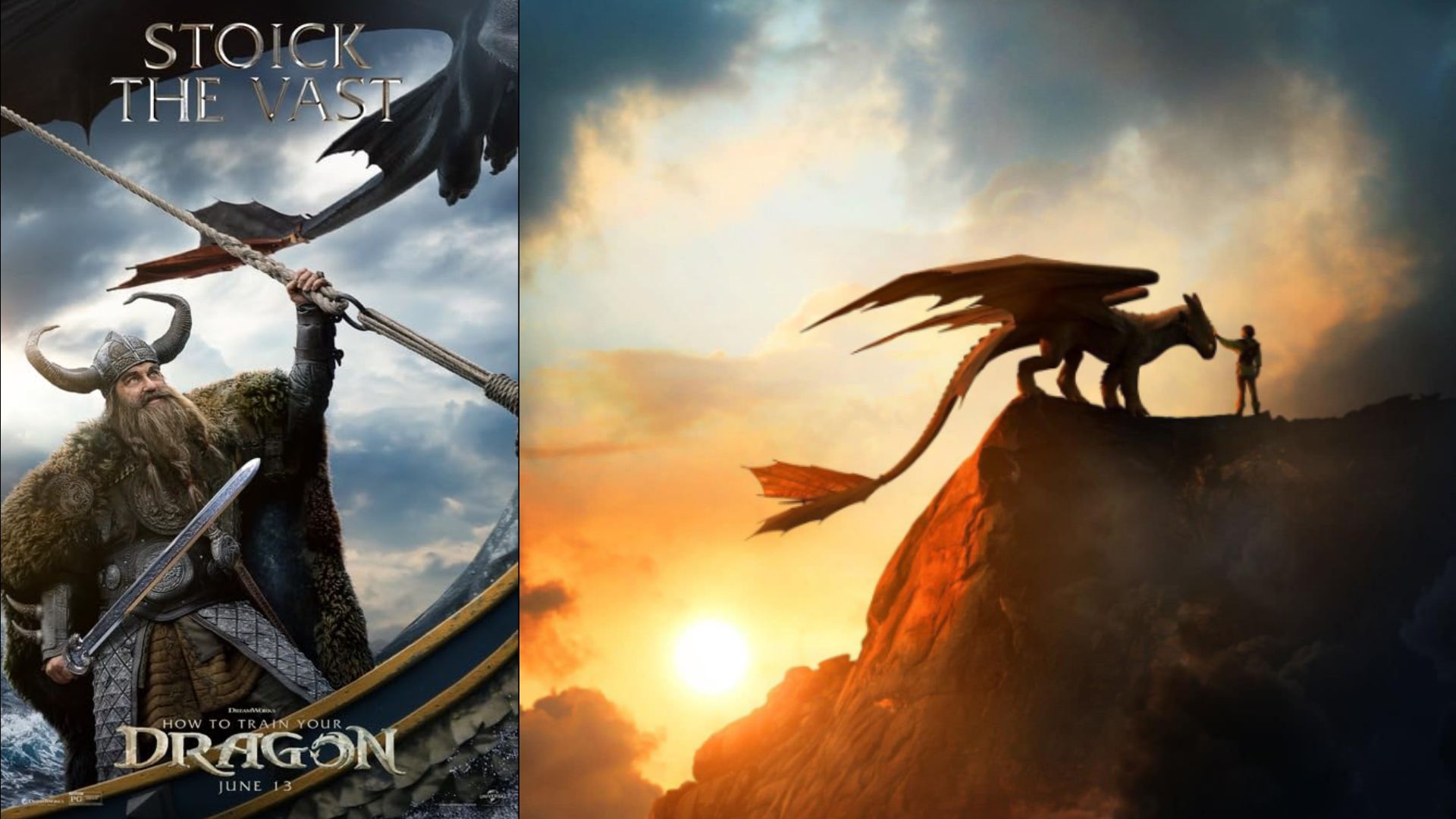 Actor Gerard Butler in a horned helmet stands on a ship with a sword in his hands while a black dragon stands on a mountain nearby