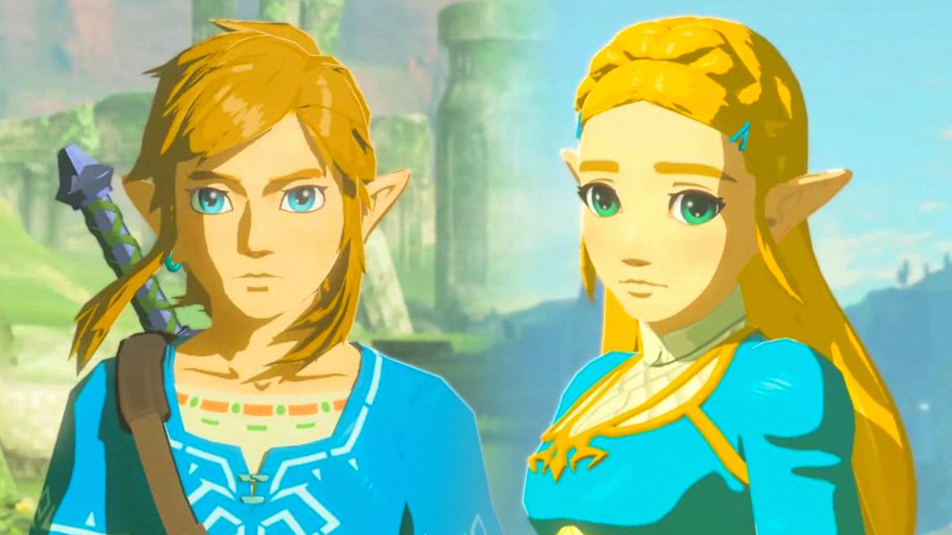 A blue-eyed guy with a sword and a green-eyed girl standing against the sky