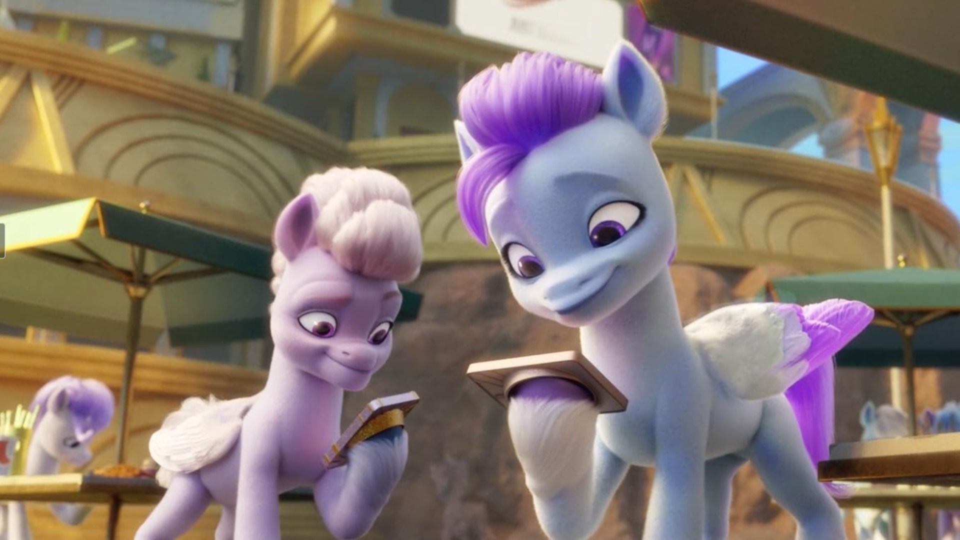 A pony with a pink mane and a pony with a purple mane holding phones with their hooves