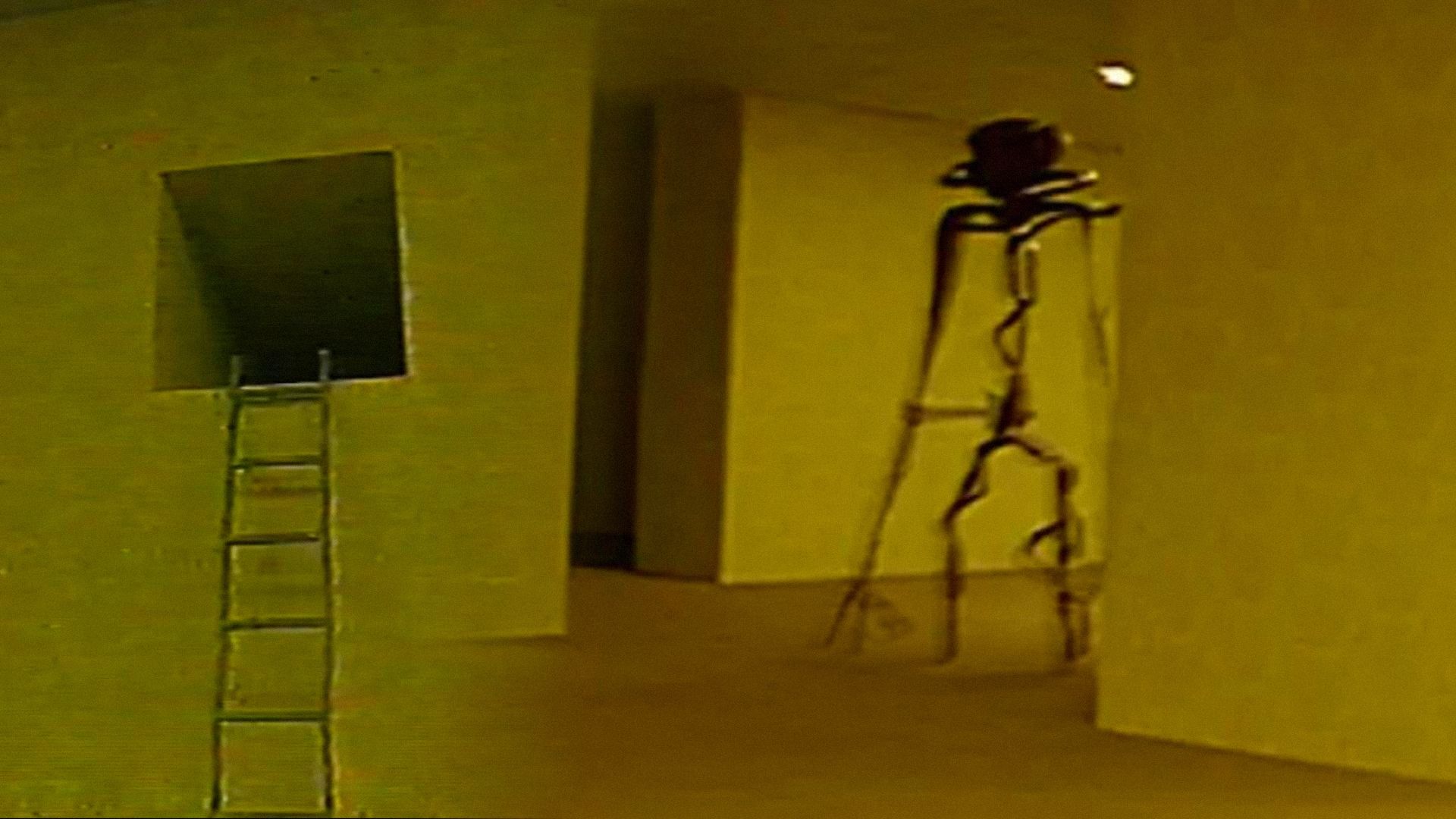 A staircase leading to a square opening in the wall with a black monster with long arms nearby in a yellow room
