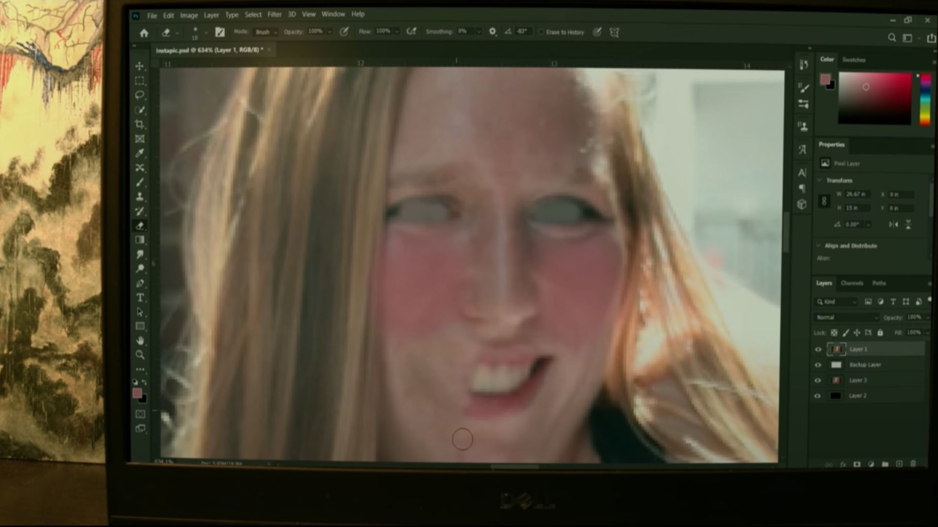 Photoshopped image of a girl whose eyes have been erased