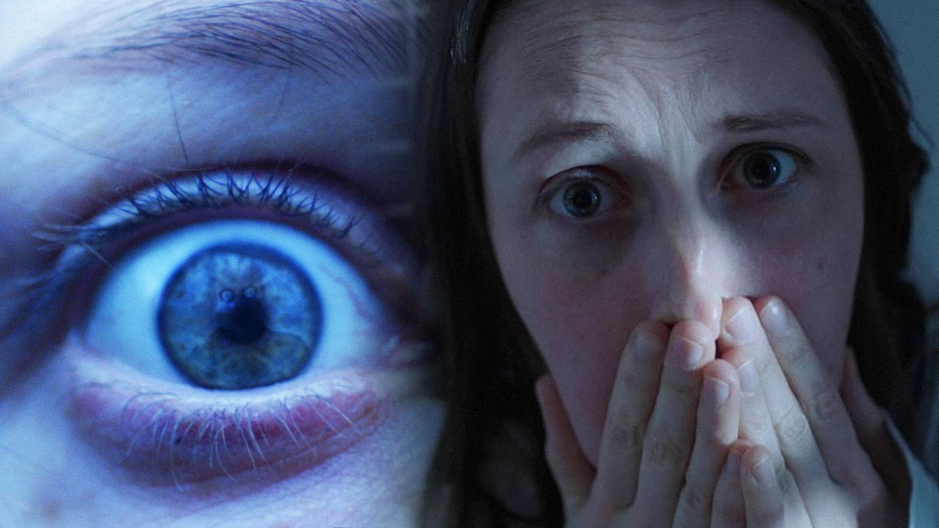 Close-up of an eye and a woman covering her mouth with her hands