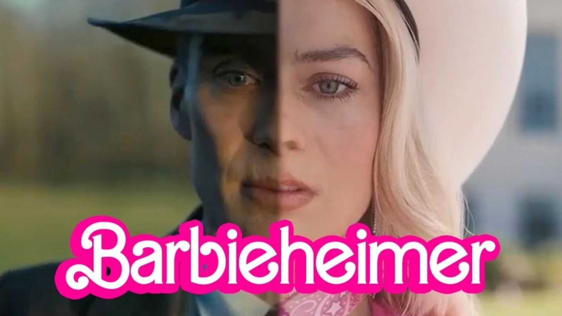 A collage of photos of Margot Robbie in the movie Barbie and Cillian Murphy in Oppenheimer