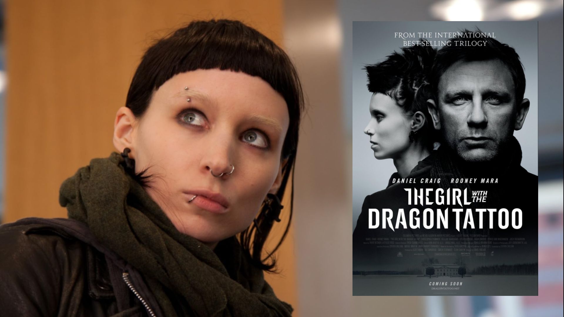 Actress Rooney Mara with black hair and a movie poster where she stands next to actor Daniel Craig