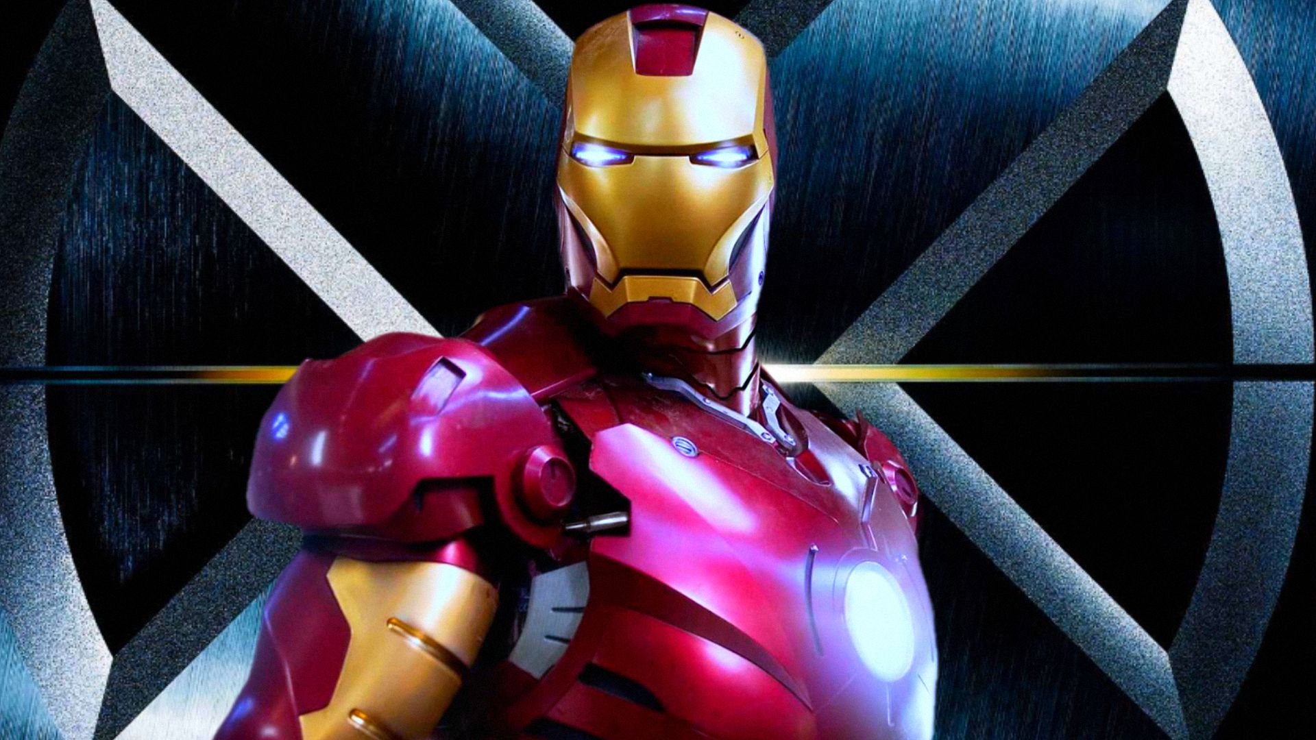 A man in a red and yellow iron suit stands against the backdrop of iron doors shaped like an "X"