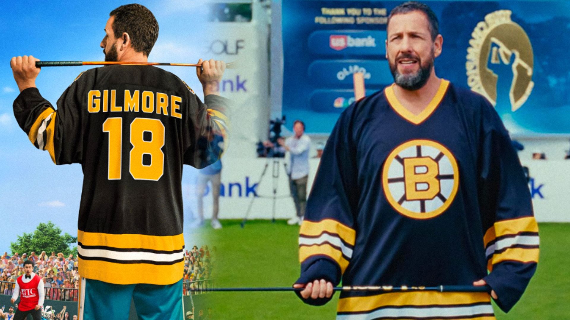 Actor Adam Sandler with a golf club in his hands standing on a golf course