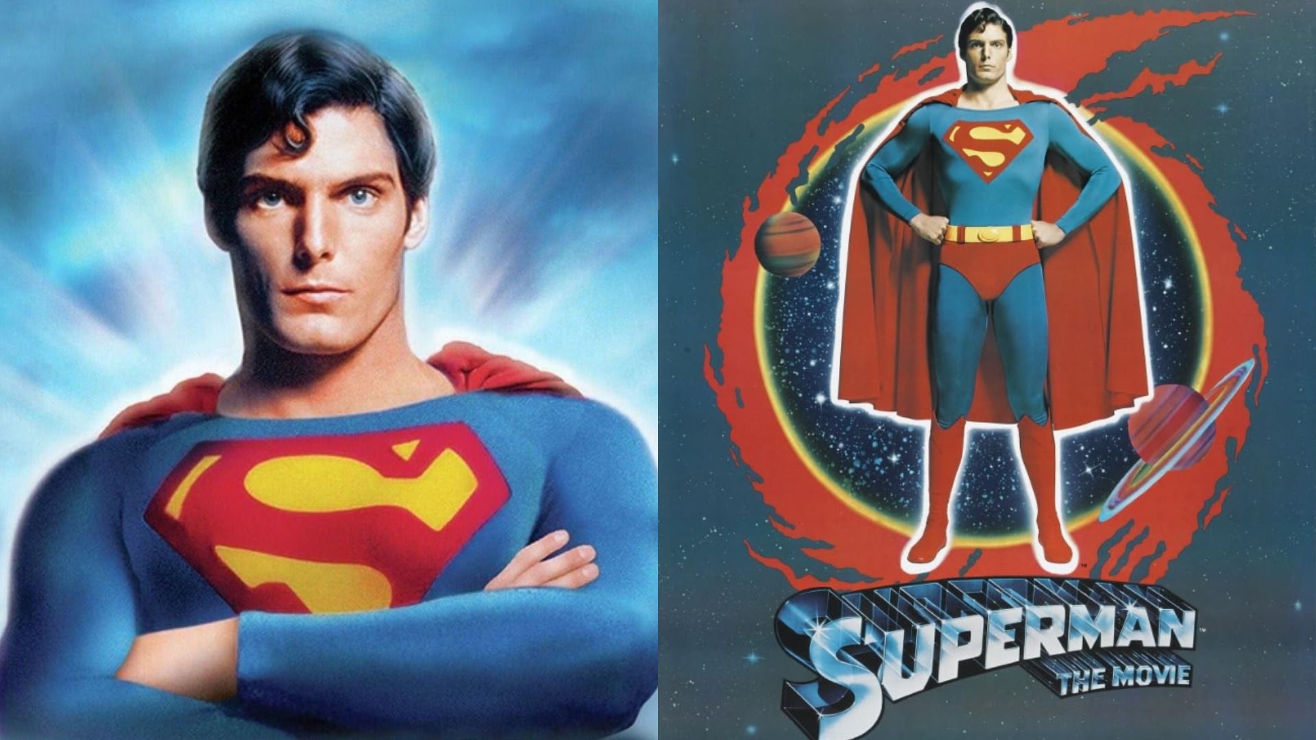 Actor Christopher Reeve stands in a blue and red superhero costume with the letter S on his chest
