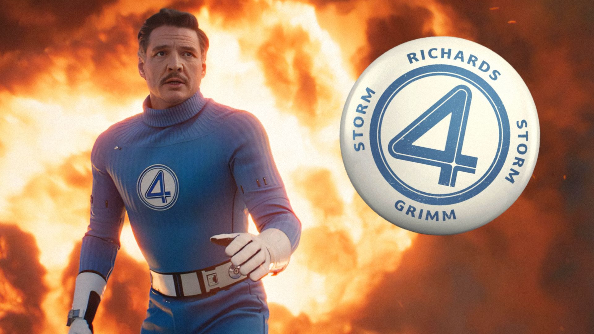 Actor Pedro Pascal in a blue superhero costume with the number 4 on his chest stands against a backdrop of fire