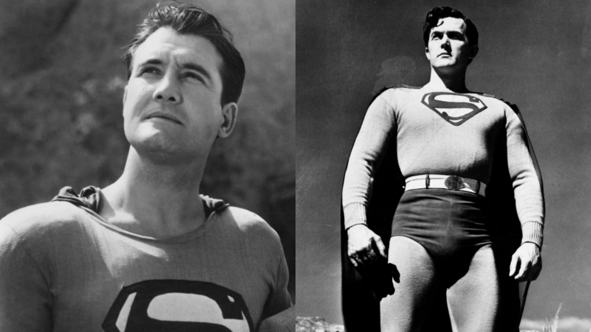 Actors Kirk Alyn and George Reeves in superhero costumes with the letter S on their chests