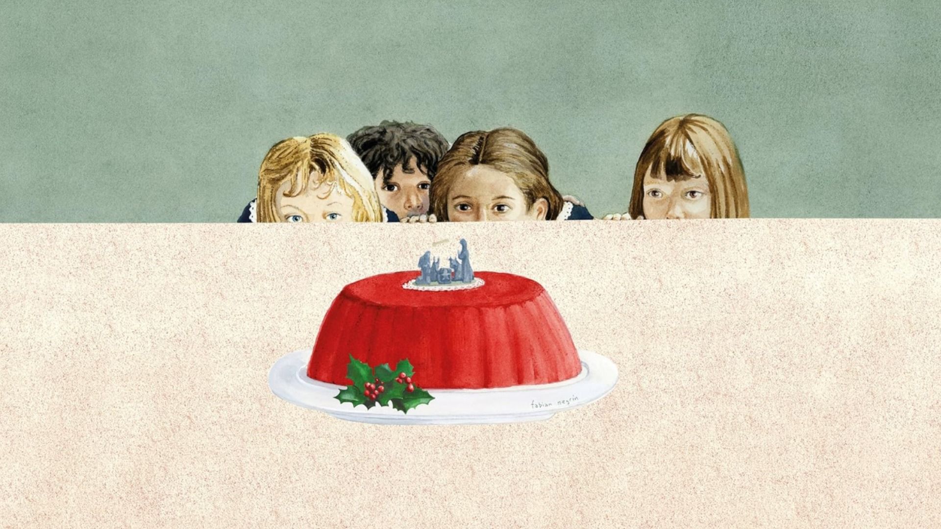 Four girls peek out from under the table and look at a big red cake