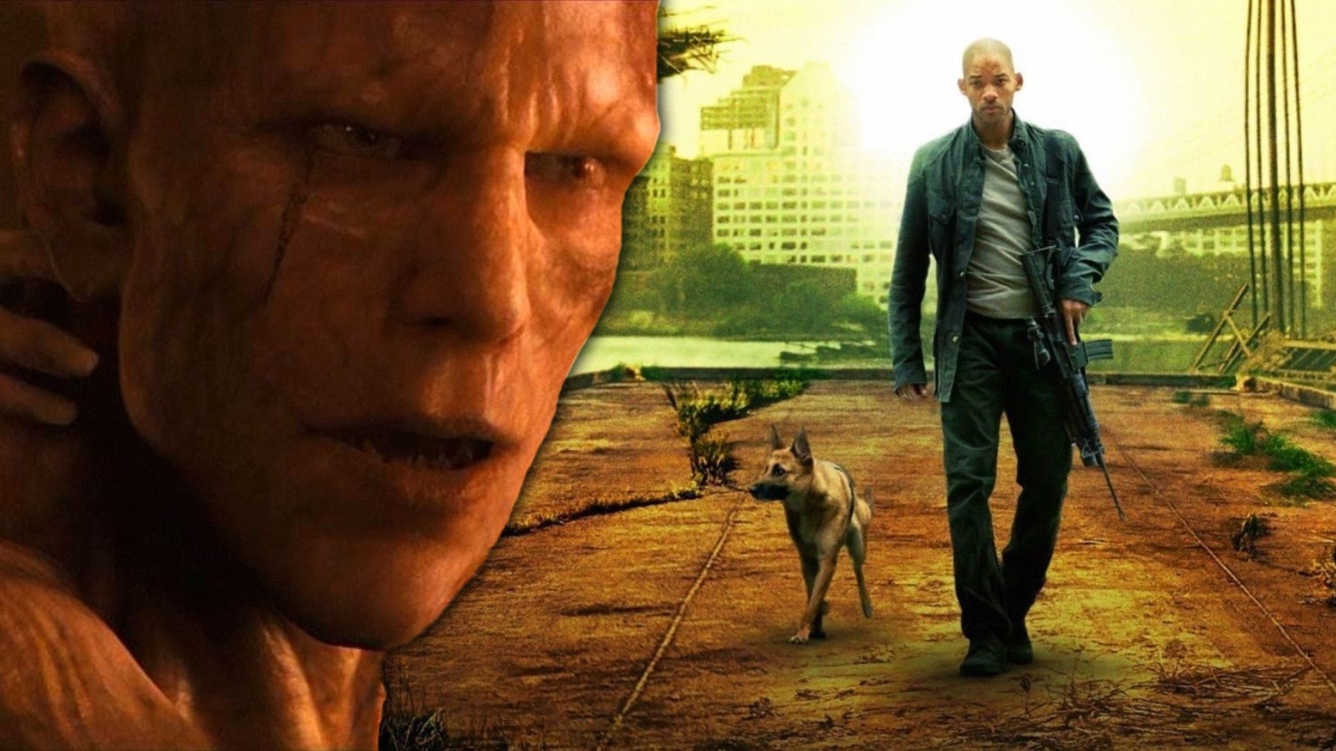 A bald man, on the right actor Will Smith walks through an empty city with a dog