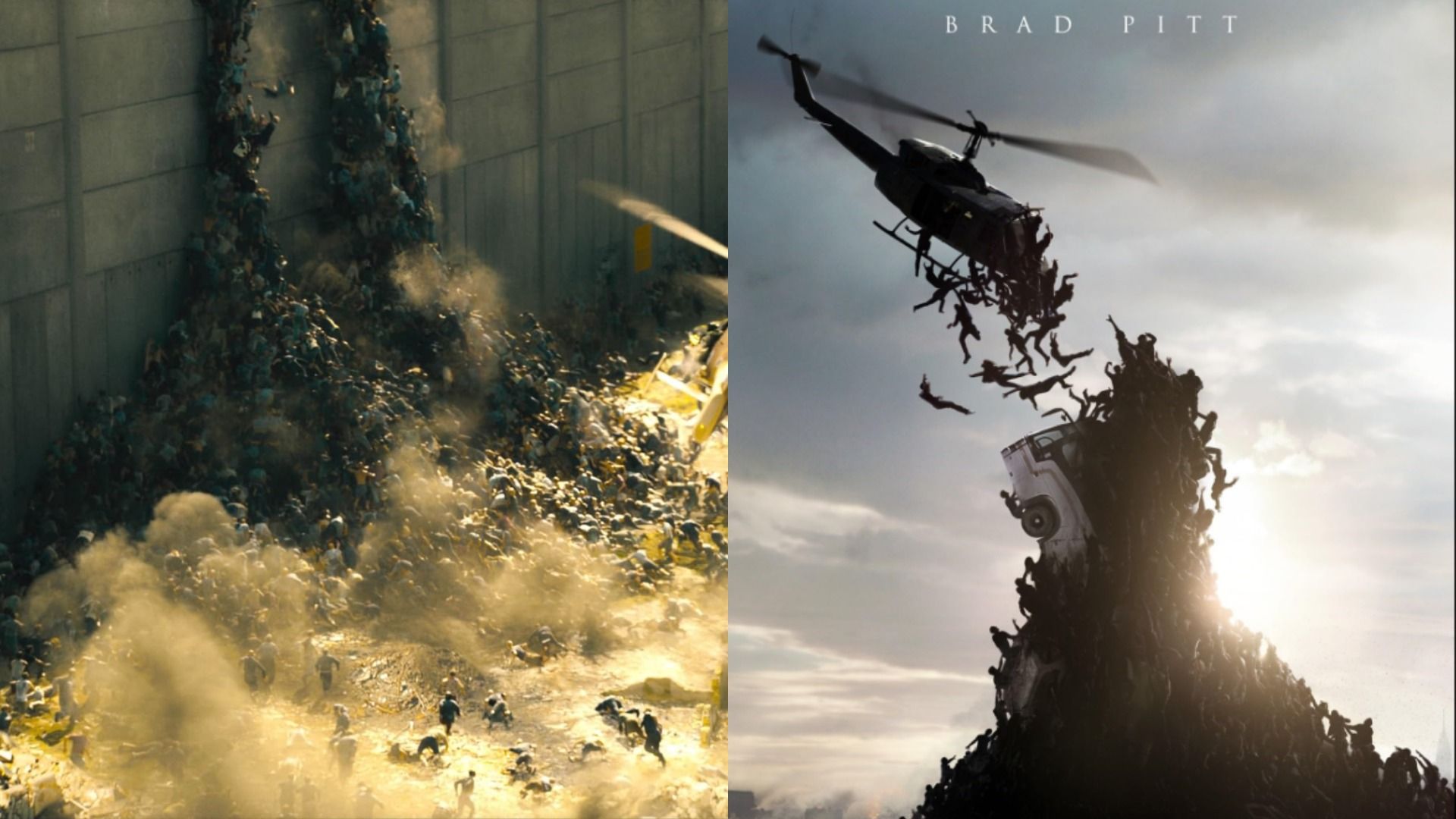 Zombie hordes leaping at a flying helicopter against the sky
