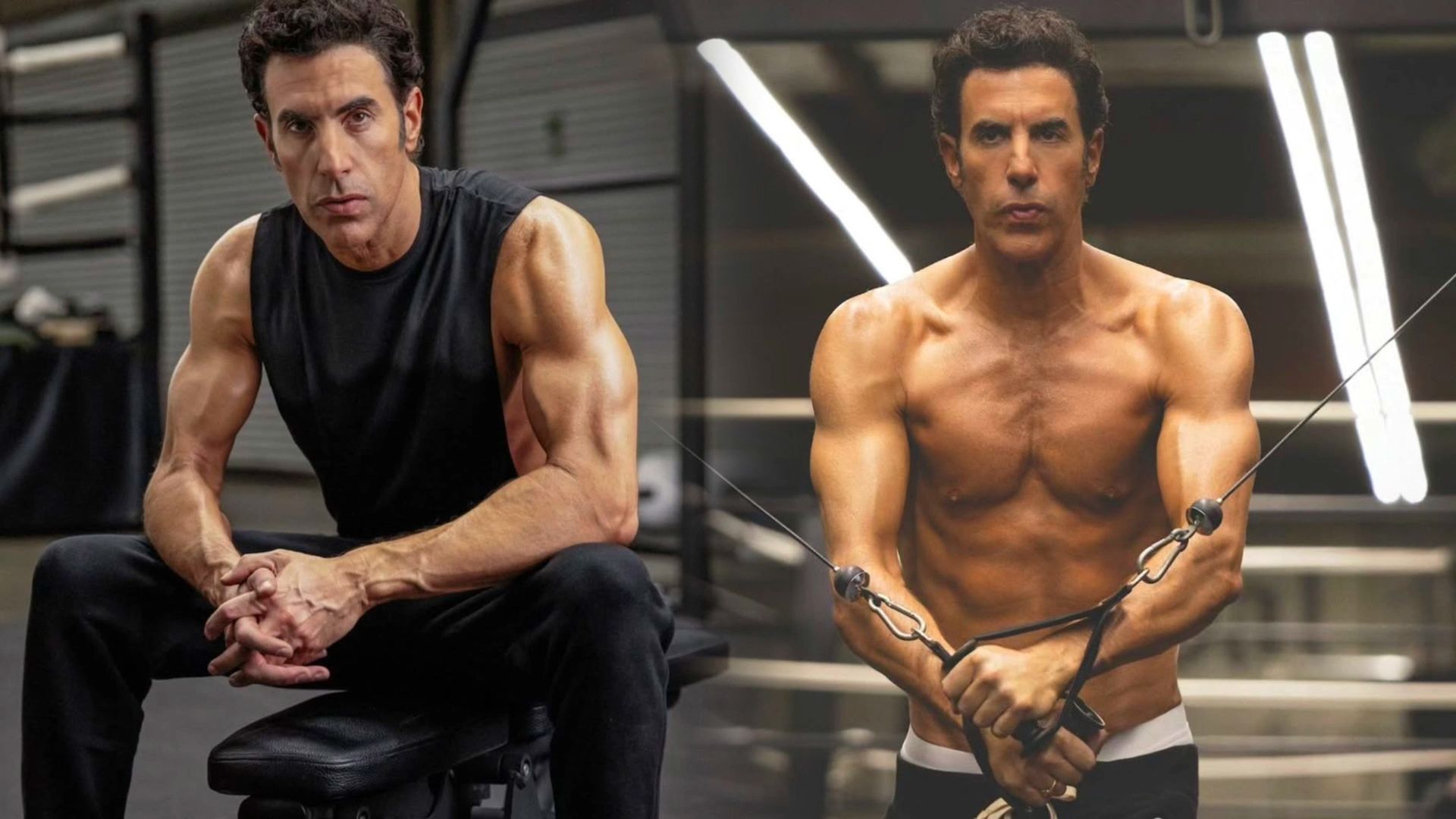 Actor Sacha Baron Cohen in a black tank top shows off his pumped muscles, on the right he's working out on exercise equipment