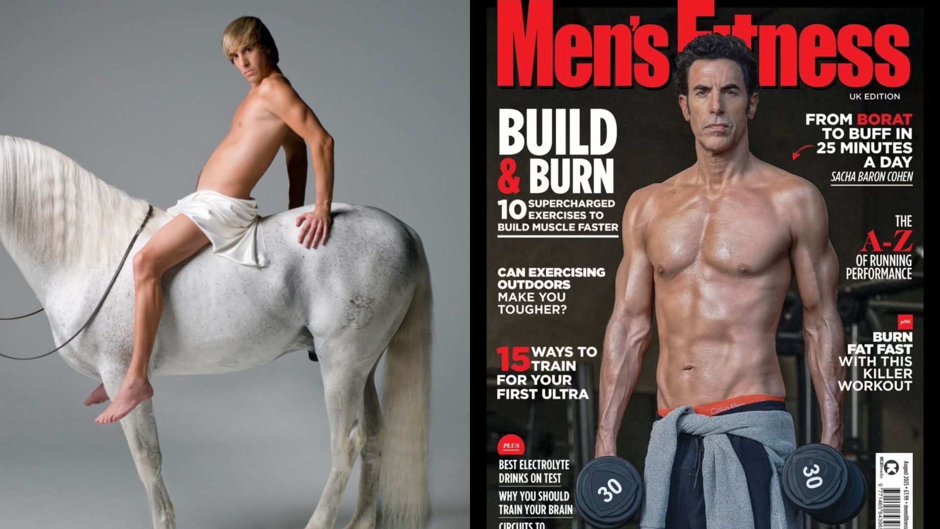 Actor Sacha Baron Cohen sits mounted on a horse, on the right he's on a magazine cover with dumbbells in his hands