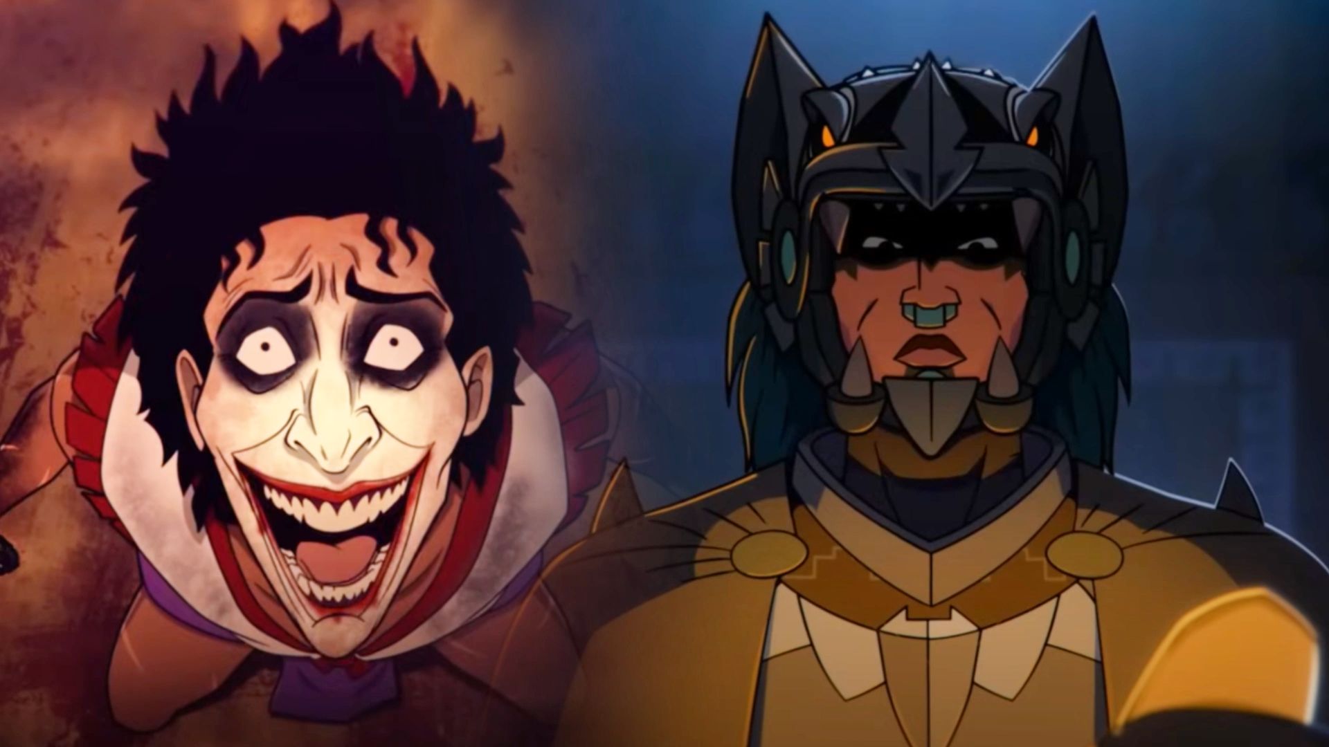 Cartoon images of Joker and Batman, the first one is smiling, the second one stands in a horned mask