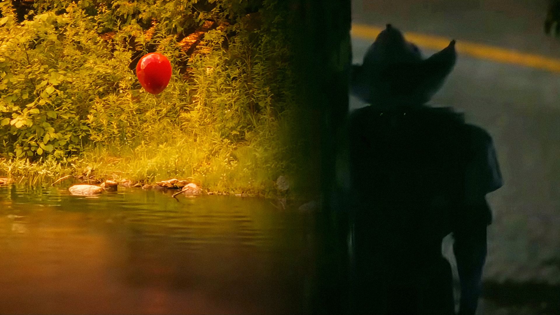 A red balloon floating over the water's surface, the silhouette of actor Bill Skarsgård as the clown