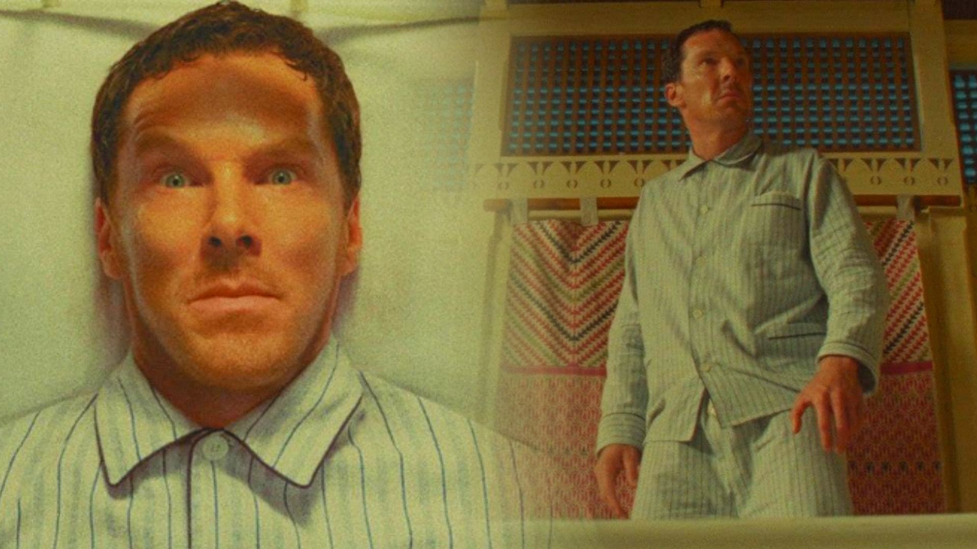 Actor Benedict Cumberbatch in gray pajamas standing on a bed