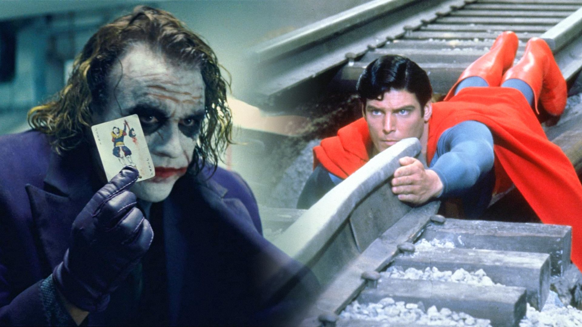Actor Heath Ledger with green hair and clown makeup, actor Christopher Reeve in a blue-red costume with cape lying on railroad tracks