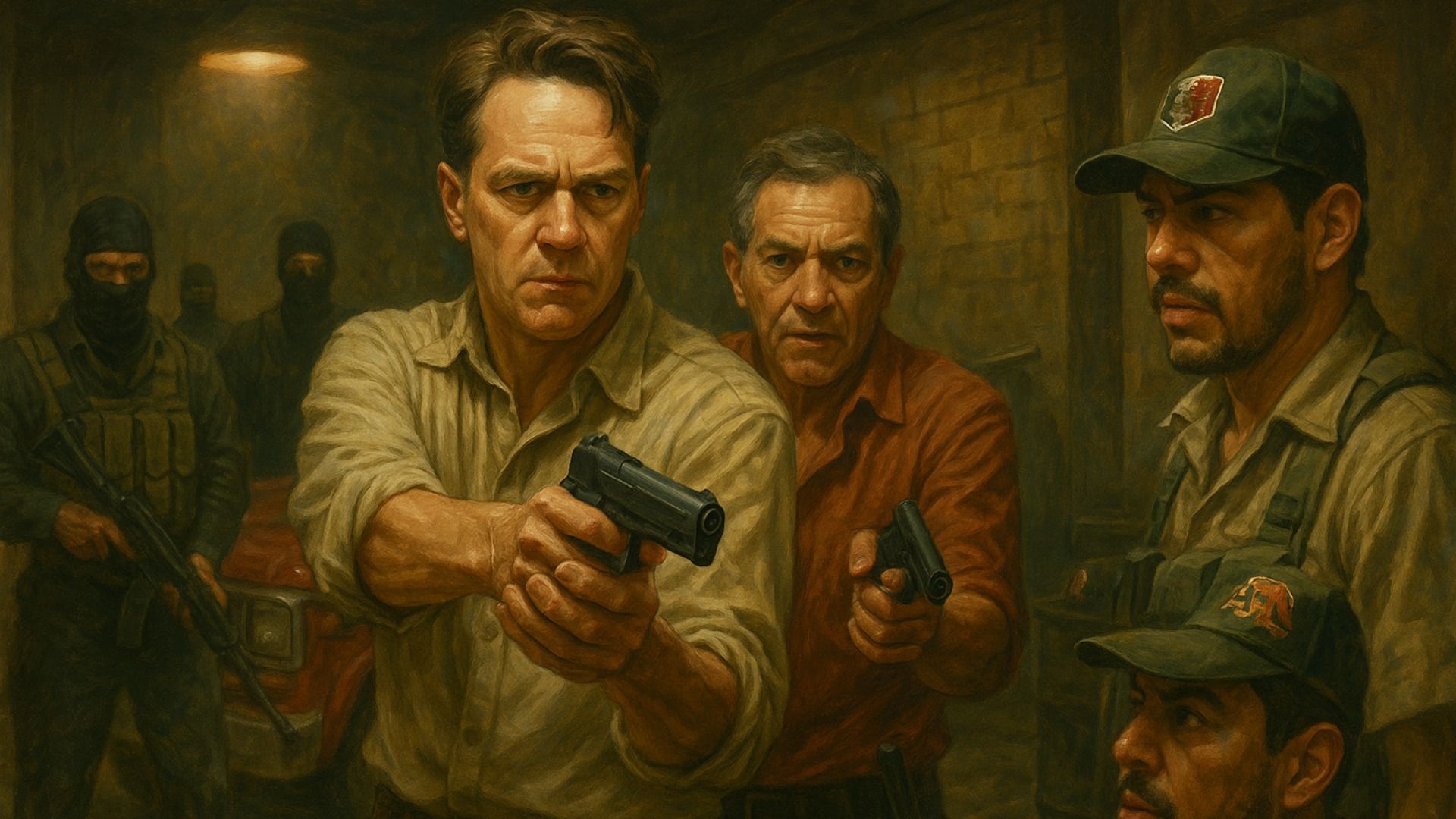 Two men with guns, behind them stand three men in black masks and bulletproof vests