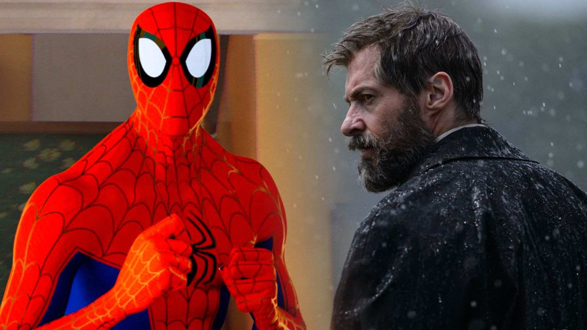 Cartoon character in red and blue superhero costume, actor Hugh Jackman in black jacket standing in profile in the rain