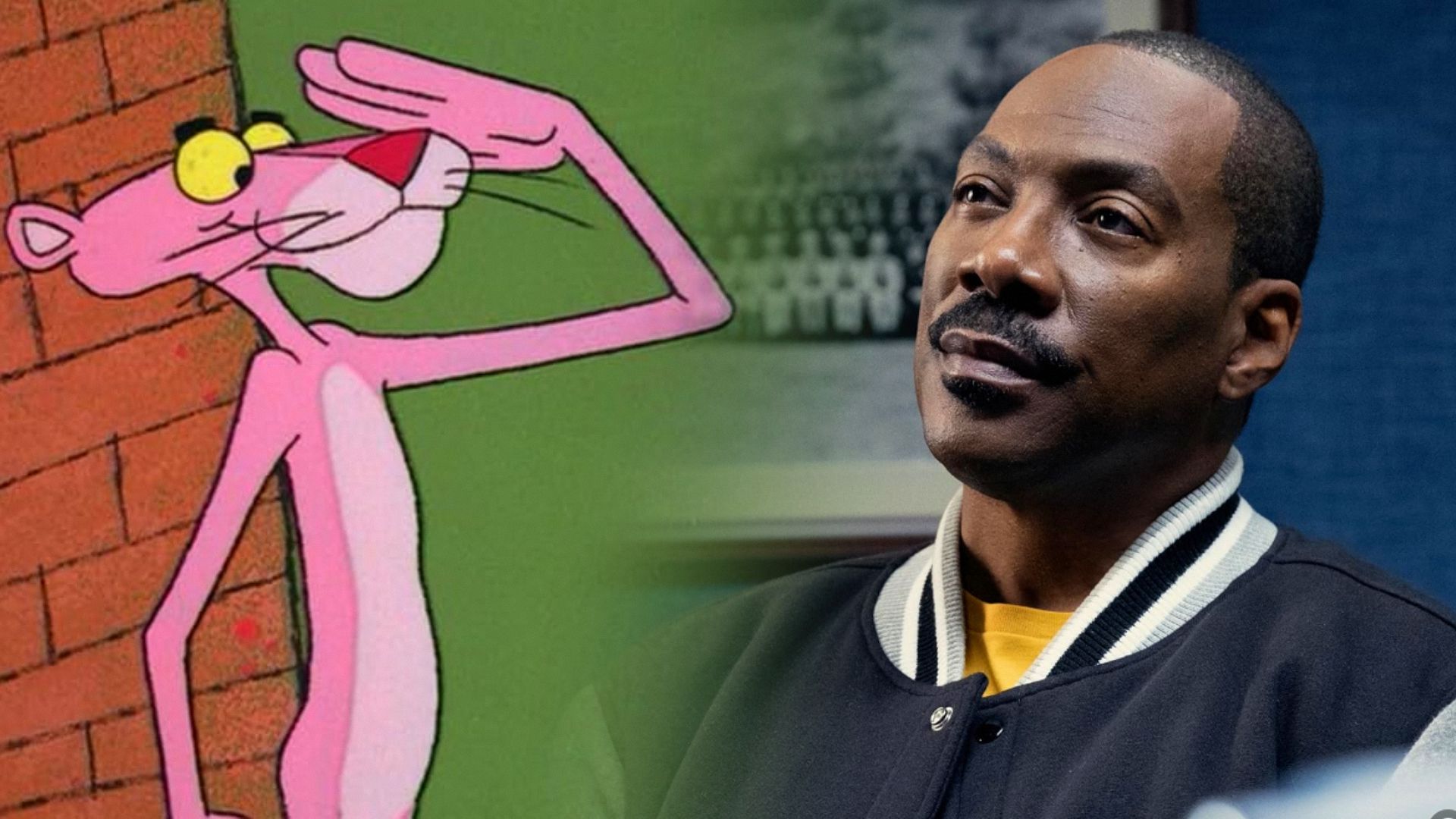 Cartoon pink panther and actor Eddie Murphy in a gray-black bomber jacket