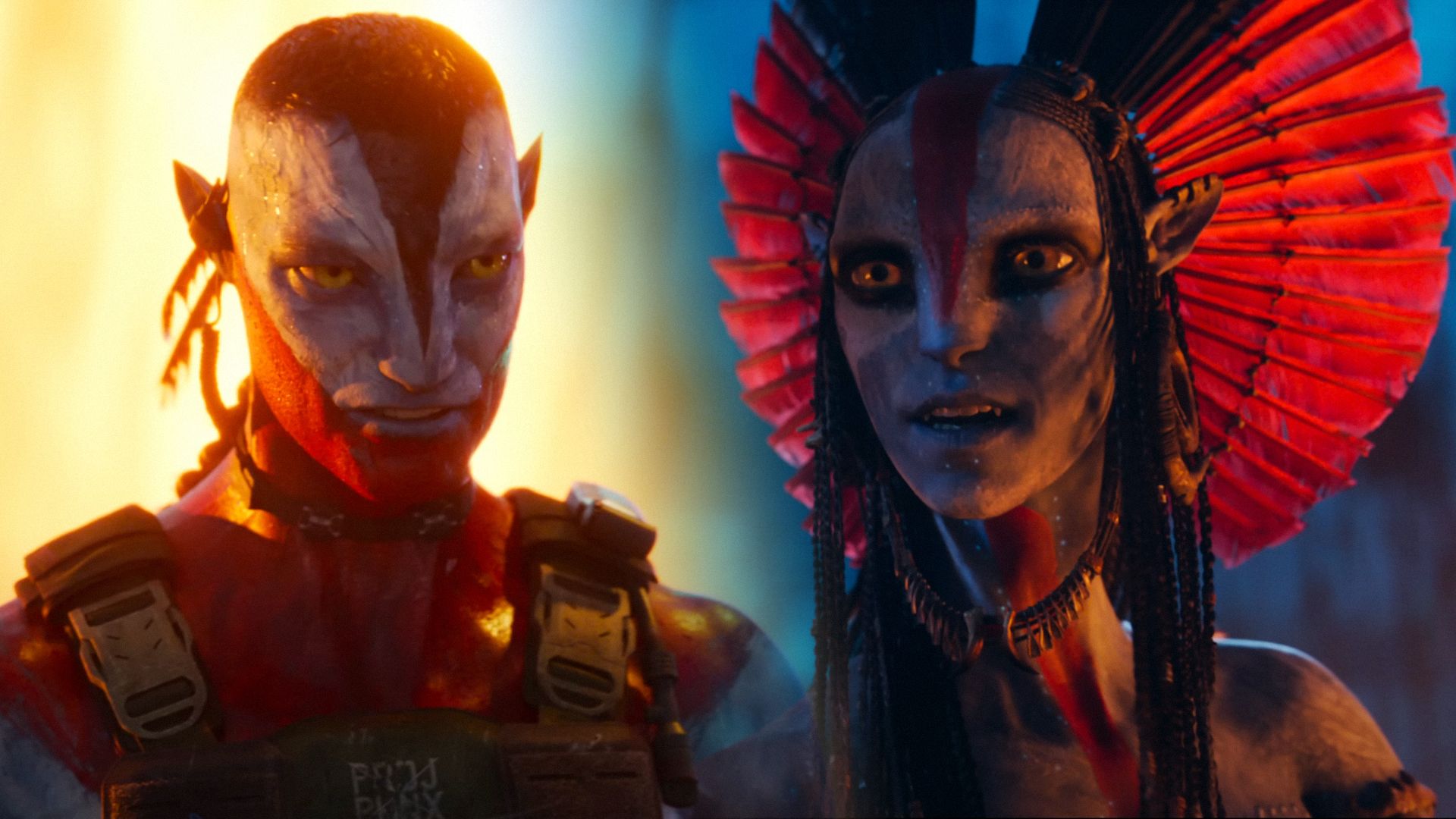 Humanoid with blue skin wearing body armor, female humanoid with dreadlocks and feathers in her hair