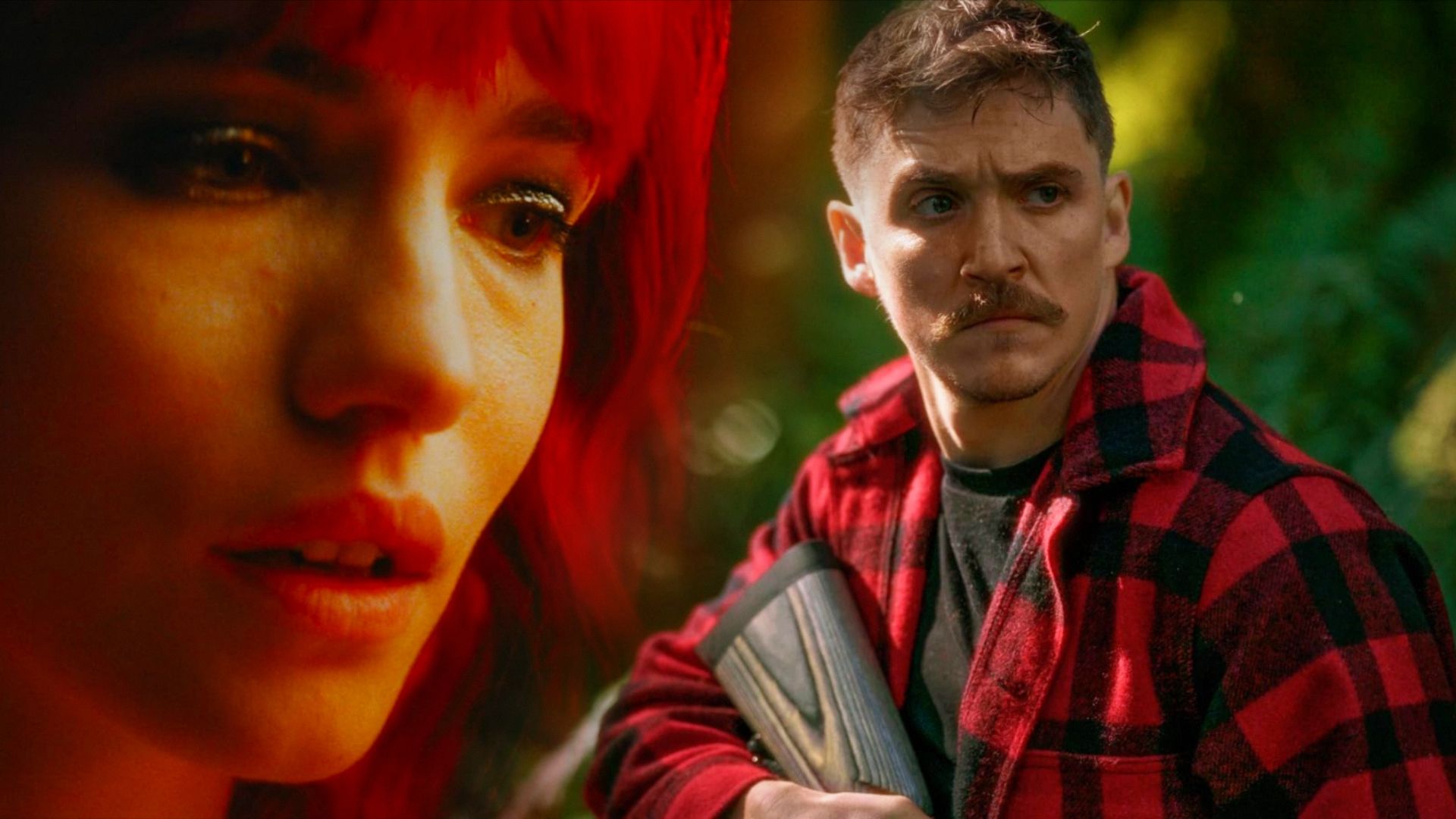 A red-haired girl stands in profile, on the right a man in a checkered shirt holding a rifle