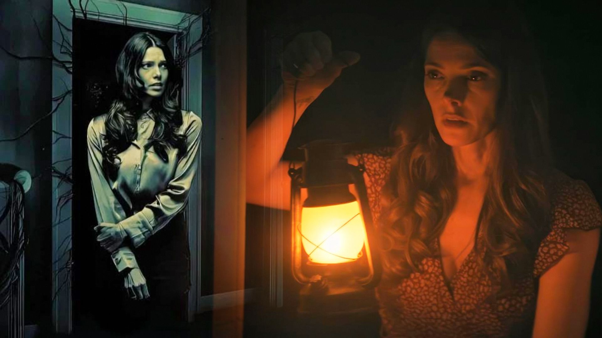 Actress Ashley Greene stands in a white blouse by a doorway, holding a kerosene lamp in her right hand