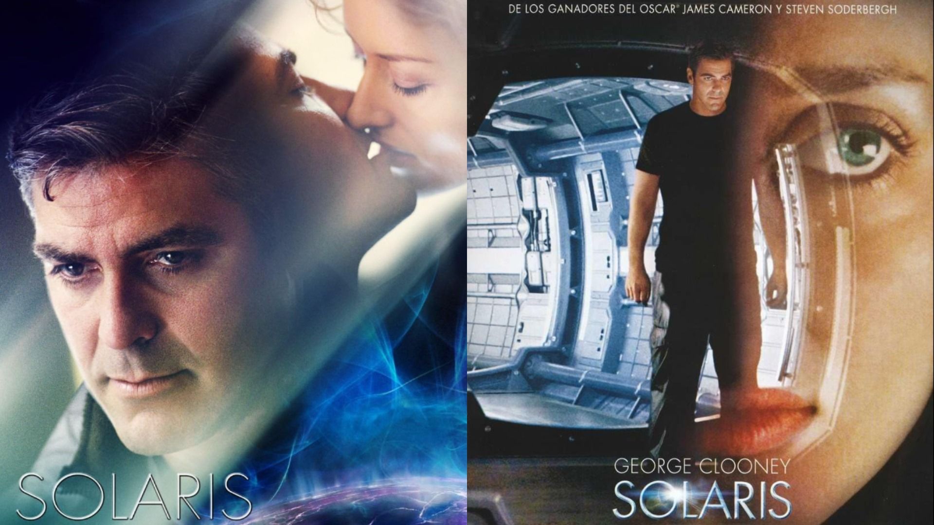 Poster showing actor George Clooney kissing actress Natascha McElhone, poster showing the actor standing in a spaceship corridor
