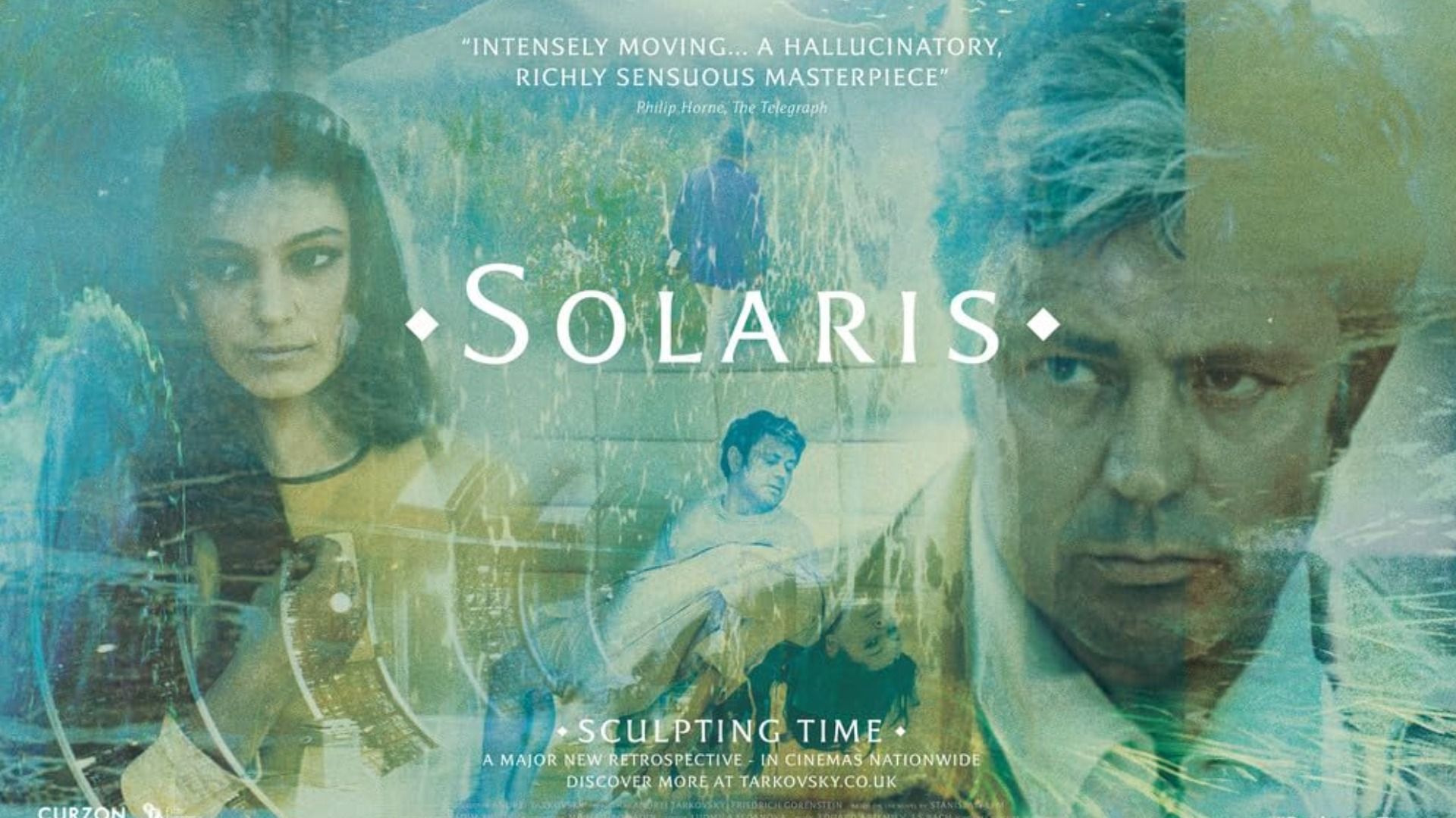 Actor Donatas Banionis's face in blue light, with him holding a girl in his arms beside him