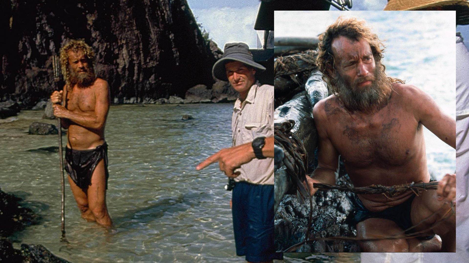 Actor Tom Hanks with a stick in his hands stands in water facing cliffs