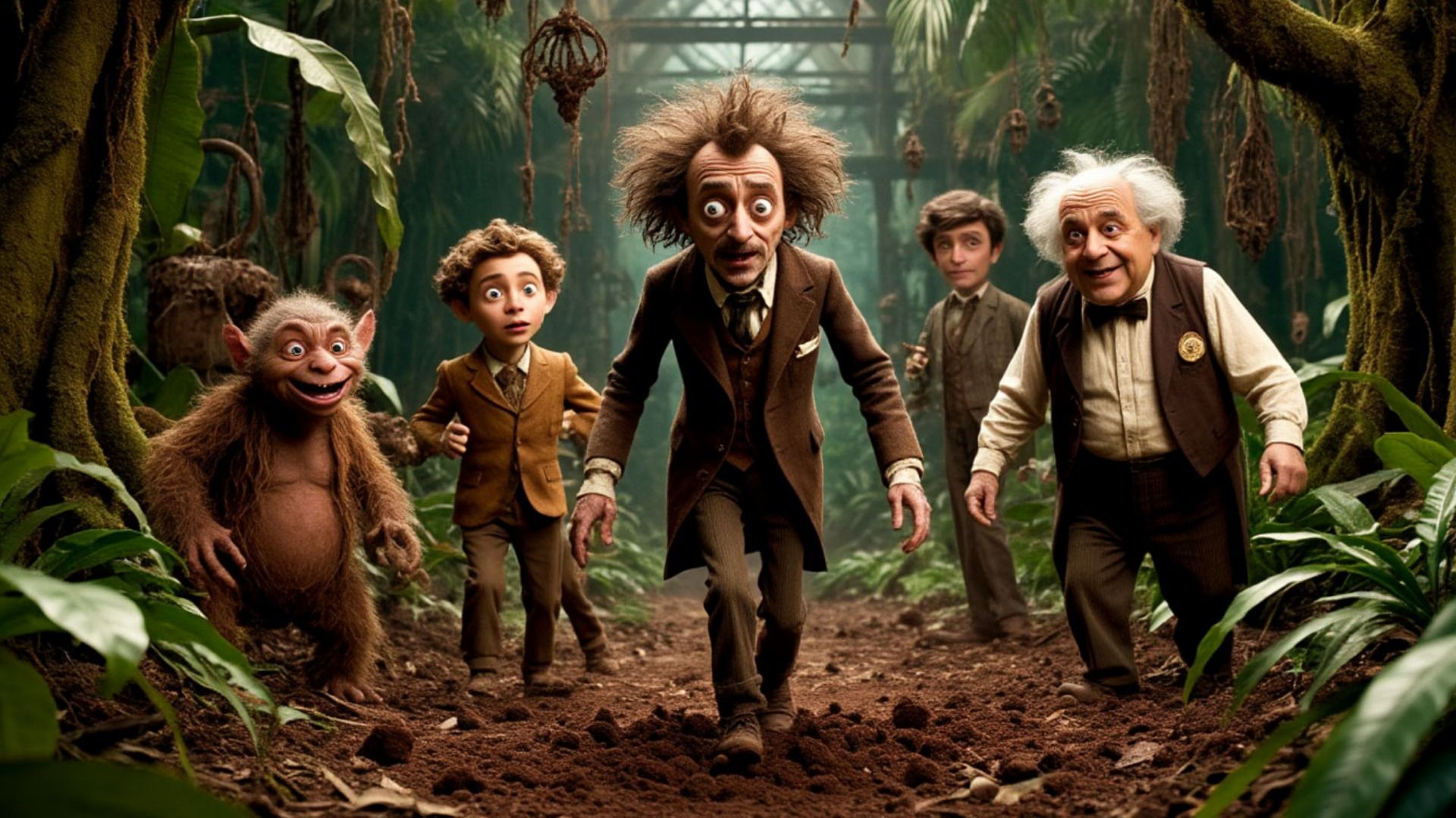A disheveled man in the jungle with a boy in a suit and a grandfather nearby