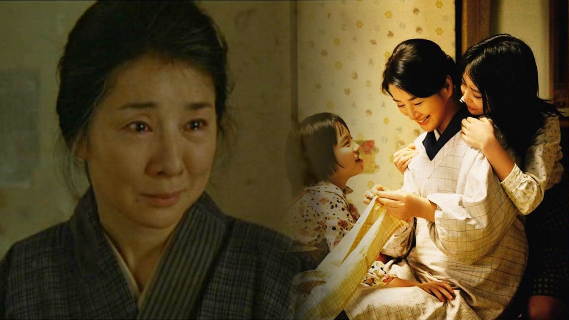 A woman in a gray kimono gazes sadly to the side, while on the right a young girl in a white kimono sits with two children