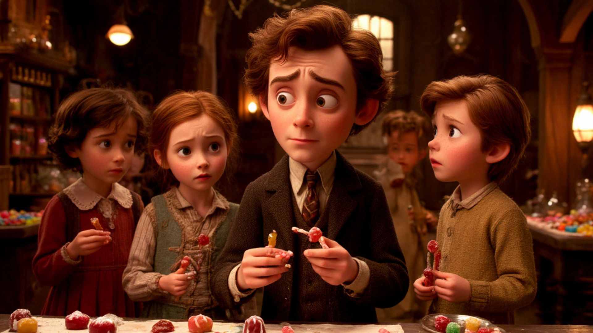 A young man in a black jacket stands next to three children holding candy